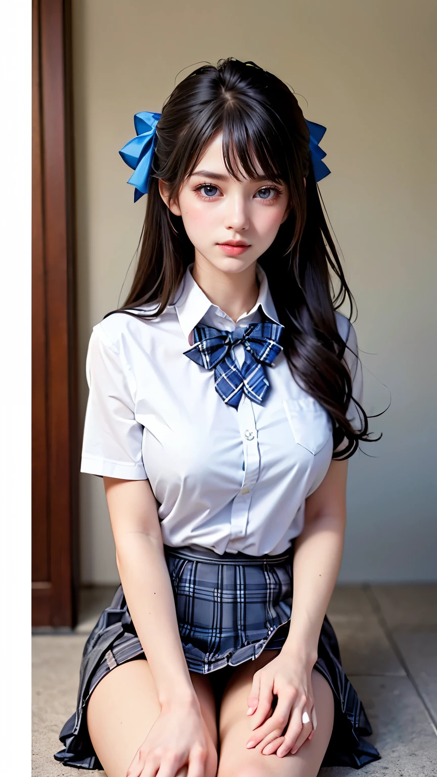 (masterpiece:1.2, highest quality), (Realistic, photoRealistic:1.4), Beautiful illustrations,
View your viewers, whole body, Front view:0.6,
1 girl, Japanese, high School girl, (Long Hair:1.5), Hair fluttering, (Half Up, Half Updo), bangs, Hair between the eyes, Big Breasts:0.8,
Beautiful Hair, Beautiful Face, Beautiful Eyes, Beautiful clavicle, Beautiful body, Beautiful breasts, Beautiful thighs, Beautiful feet, Beautiful fingers,
(Beautiful views), , School,
((Collared short-sleeved shirt, White shirt, , Grey plaid pleated skirt, Blue checked bow tie)), White panties,
(Are standing, , Please lift your skirt, Grab the hem of your skirt, Place your hand on your chest, Place your hands between your legs),
blush,