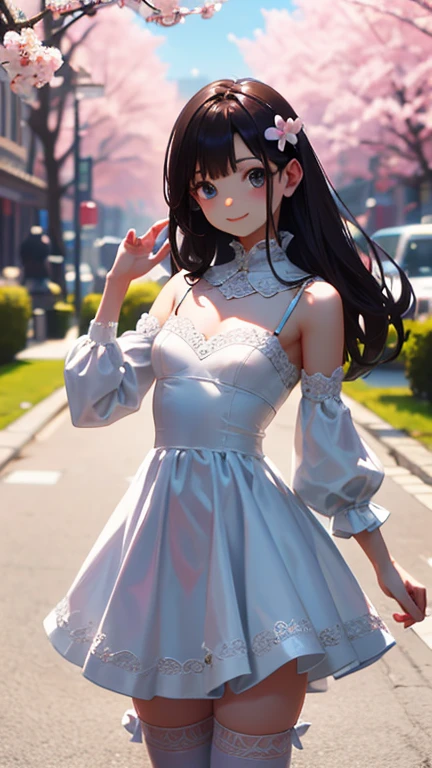masterpiece, highest quality, One girl, View your viewers, Small waist, RAWphotograph,Hands intricately、Beautiful fingertips、 Ultra-realistic, High resolution, photograph, Sharp focus, Most detailed, Very detailed, Super detailed, In detail, Very detailed目と顔,Very detailed手と指、Idol、Thighs, beautiful girl,View your viewers, Small waist,Symmetrical face, whole body、White lace skin tight dress、No sleeve、White lace tight skirt、White lace knee socks、Cleavage、Large Breasts、Beautiful clavicle、Long Hair、Beautiful navel、Shyness、Happy expression、First Date、amusement park