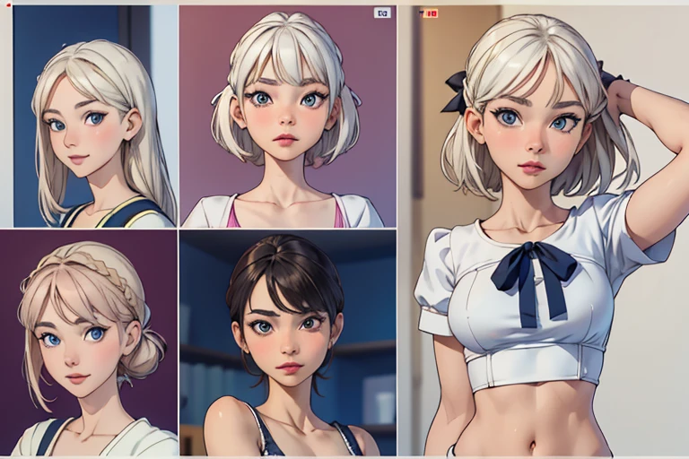 (Obra maestra,La mejor calidad,absurdos,Arte lineal, rostro y cuerpo detallados:1.2),(character sheet:1.3),(misma cara:1.1),1mujer, dynamic poses,delgada(joven seria,fondo blanco) bonita, lenceria, sin ropa grande, que se vea su cuerpo, rostro perfecto, bien dibujada, sin ropa ademas de un top blanco corto y un short corto