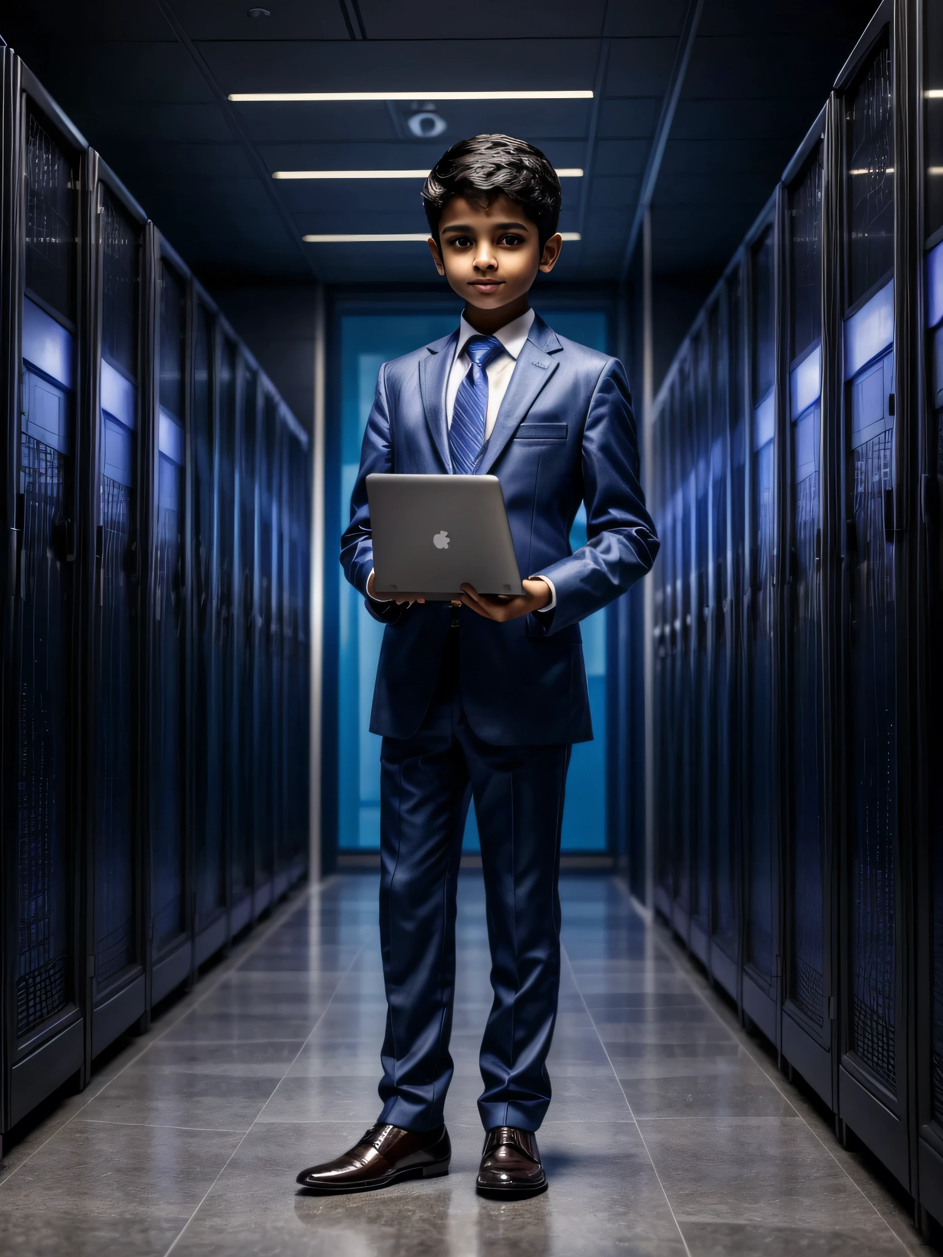 Ultra Realistic, masterpiece, high definition, highly detailed, 8K, a cute indian boy , a 8  boy, highly detailed face, fair and glossy skin, highly detailed body, wearing formal attire, suits, working on a laptop, resembling a software engineer, looking at the server room , he's coding in his laptop , full body view, proper server room at the background, perfect background. Software engineers are working at the server room, highly futuristic software company,