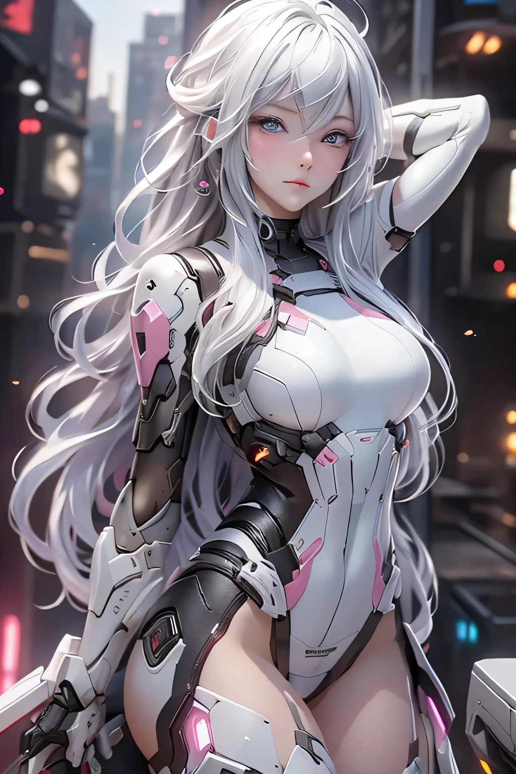 ((masterpiece)), (detailed:1.4),Realistic、 Images of cyberpunk women,Dynamic pose、A dynamic pose、High resolution(High Dynamic Range),Ray Tracing,NVIDIA,Super Resolution,PBR Textures,Post-processing,Anisotropic Filtering,Maximum depth of field resolution and crisp layer textures,Albedo and Specular Maps,Surface Shading,Accurate simulation of material interactions,Perfect balance,Rendering with Octane,2-color light,Large Diameter,Low ISO,White balance,Rule 3 points、8K raw data、Backlight、(Gray hair that changes with light、length bangs that block the view、length, Lustrous gray hair、Smooth and straight hair、WHITE hair fluttering in the wind、Beautiful Bangs)、(Beautiful, glowing skin、Cheek gloss highlight、Sexy and very beautiful and adorable face、The most beautiful face in the world、big, Sparkling blue eyes)、(Cute 25 year old girl、Ample breasts、Small waist、Delicate shoulders、Perfect figure)