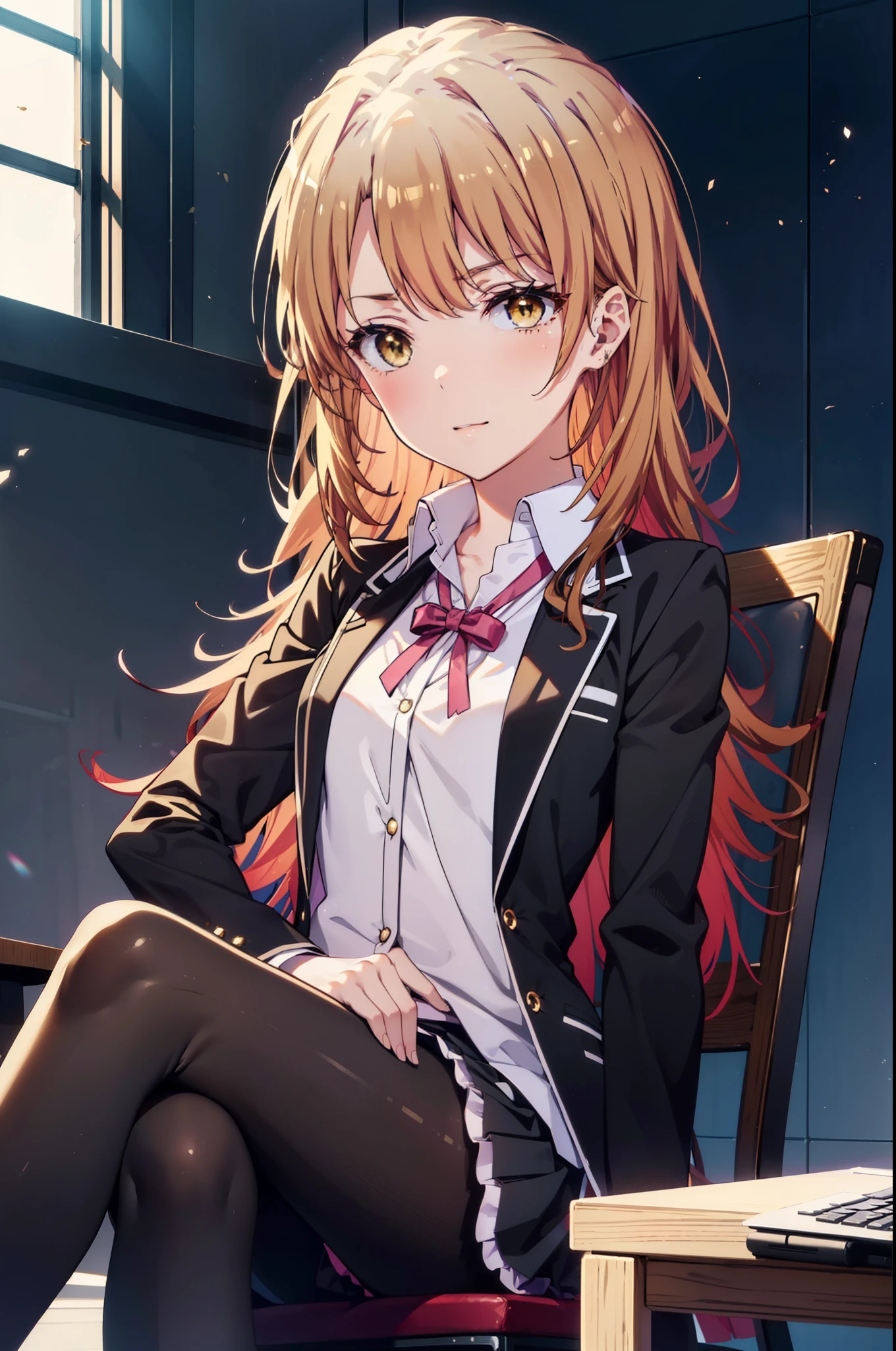 irohaisshiki, Iroha Isshiki, Long Hair, Brown Hair, (Brown eyes:1.5), Pink hair band ,Hair between the eyes, happy smile, smile, Open your mouth,OL, Akagi glasses, Black suit jacket, Collared jacket, White dress shirt, Collared shirt, Neckline, button, Black pencil skirt, Black pantyhose,Stiletto heels,sitting cross-legged on a chair,There is a computer on the table,touch typing,whole bodyがイラストに入るように窓　rain　cloudy,
break indoors, オフィス
break looking at viewer, whole body, (Cowboy Shot:1. 5)
break (masterpiece:1.2), highest quality, High resolution, unity 8k wallpaper, (shape:0.8), (Beautiful details:1.6), Highly detailed face, Perfect lighting, Highly detailed CG, (Perfect hands, Perfect Anatomy),