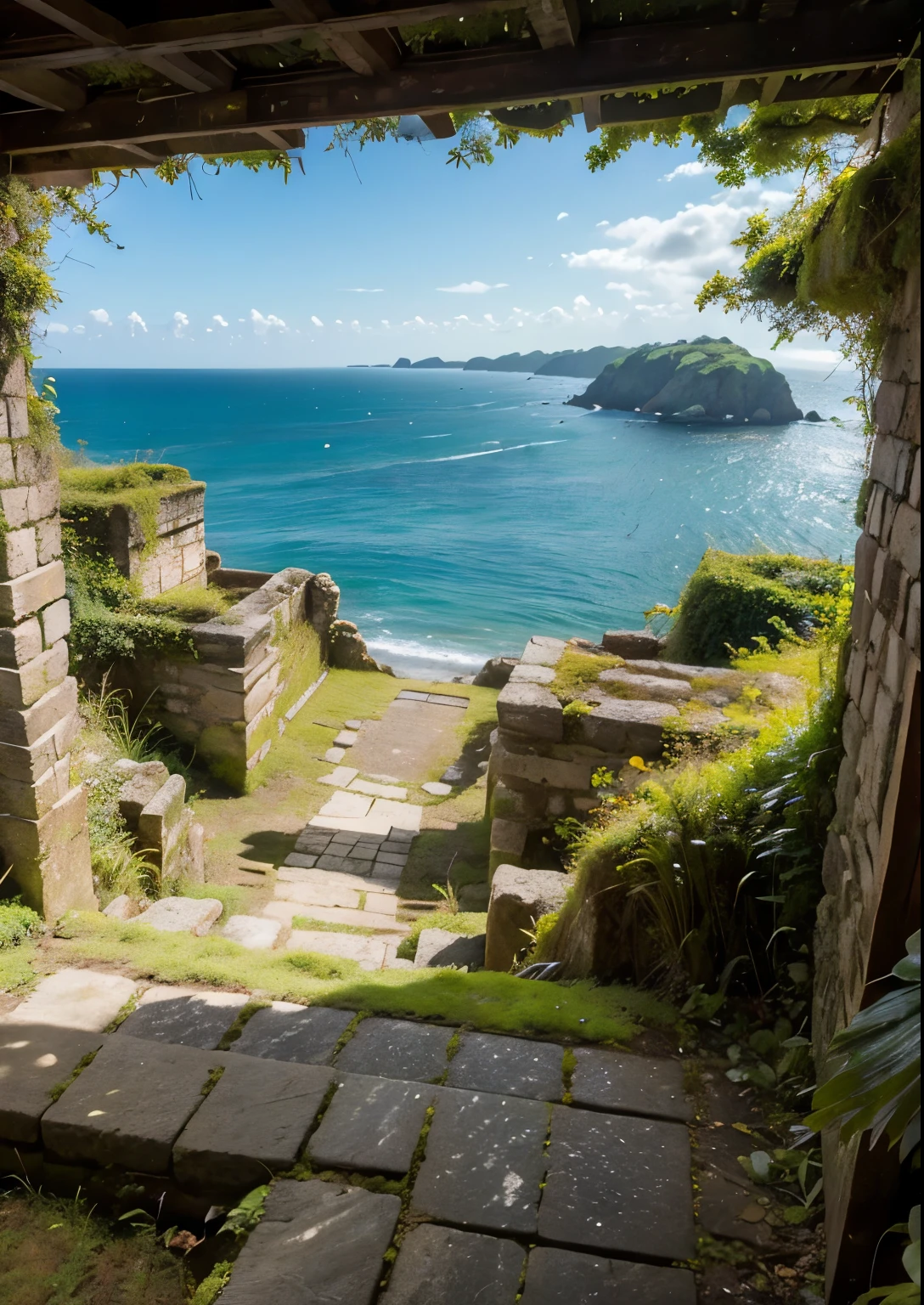 (masterpiece、highest quality:1.2)、8k、You can see the ocean、Ancient ruins on the cliff、Ruins of unknown age、It is covered with moss and ivy.