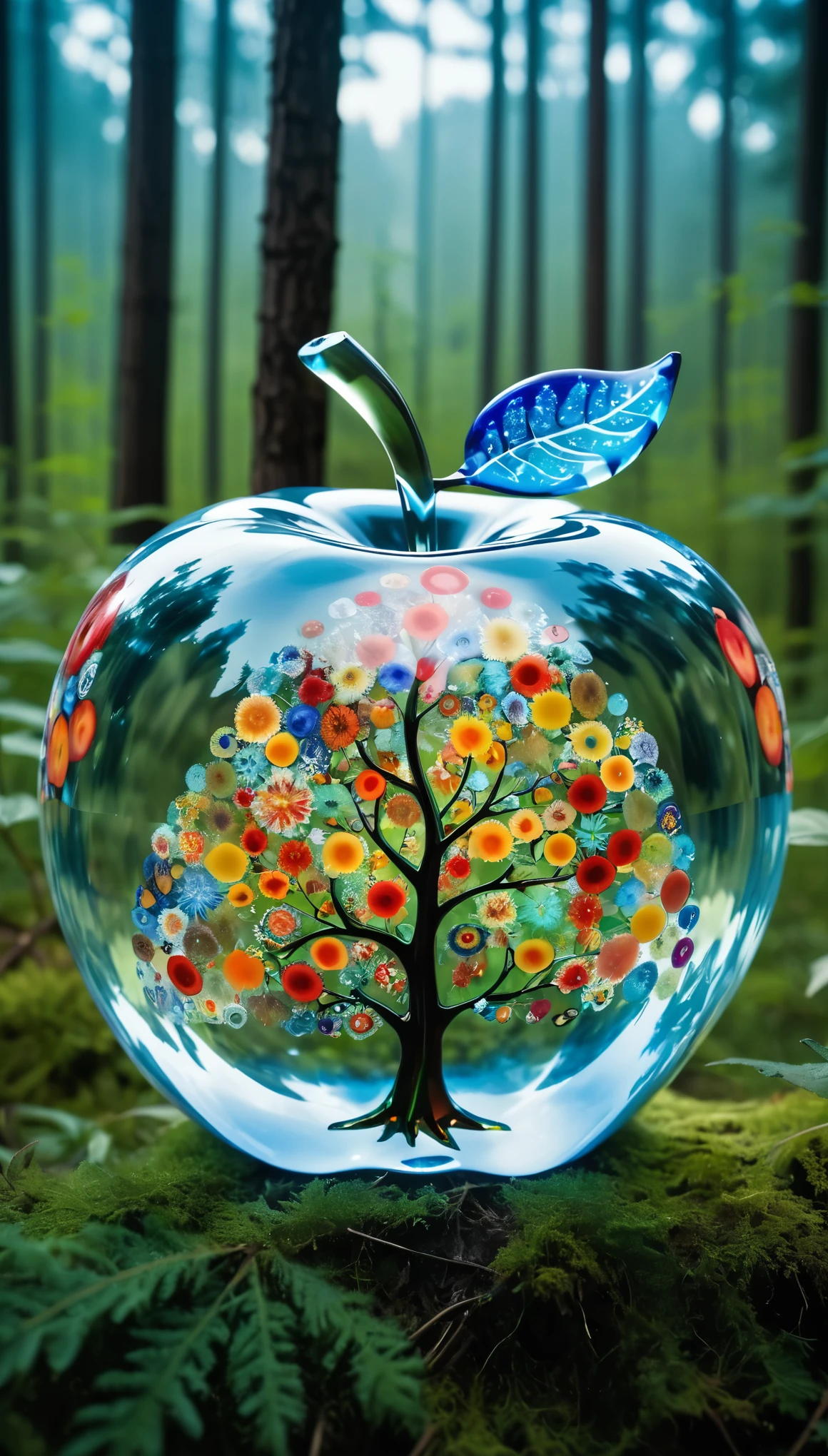 Millefiori glass style,Double Exposure，Glass apple and forest，Forest as background