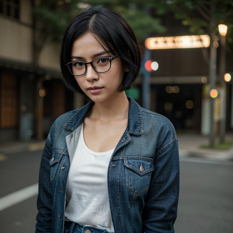 girl,Japanese,Eyes in glasses,short hair,Black Hair,jeans jacket,jeans,Neat,High intonation,(highest quality,4K,8k,High resolution,masterpiece:1.2),Very detailed,(Realistic,photoRealistic,photo-Realistic:1.37),Vibrant colors,Portraiture,Bokeh,Soft lighting