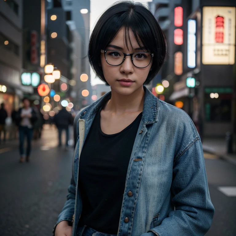 girl,Japanese,Eyes in glasses,short hair,Black Hair,jeans jacket,jeans,Neat,High intonation,(highest quality,4K,8k,High resolution,masterpiece:1.2),Very detailed,(Realistic,photoRealistic,photo-Realistic:1.37),Vibrant colors,Portraiture,Bokeh,Soft lighting