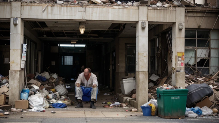 Visual Prompt: Mel Smith, disheveled and desperate, rummaging through trash cans for scraps.
Narrator: "Mel Smith, a man on the brink of despair, searching for a glimmer of hope amidst the rubble of his life."