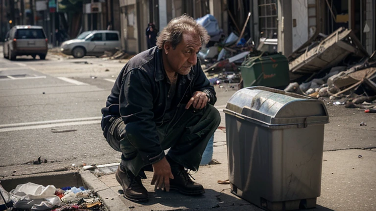 Visual Prompt: Mel Smith, disheveled and desperate, rummaging through trash cans for scraps.
Narrator: "Mel Smith, a man on the brink of despair, searching for a glimmer of hope amidst the rubble of his life."