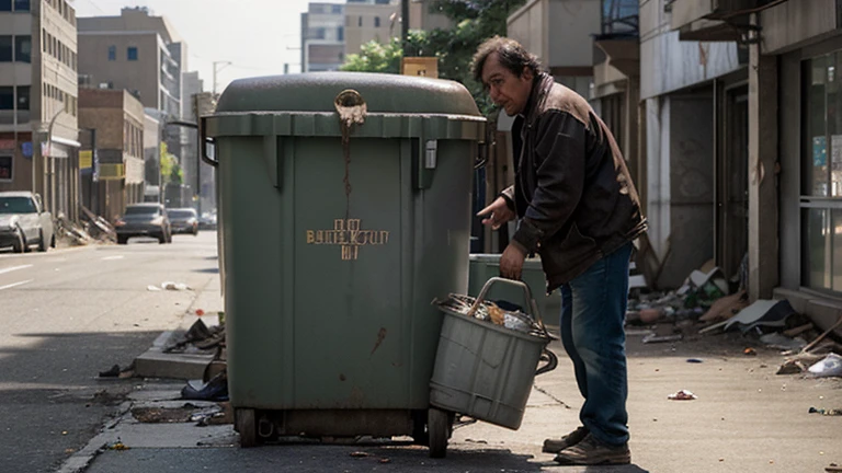 Visual Prompt: Mel Smith, disheveled and desperate, rummaging through trash cans for scraps.
Narrator: "Mel Smith, a man on the brink of despair, searching for a glimmer of hope amidst the rubble of his life."