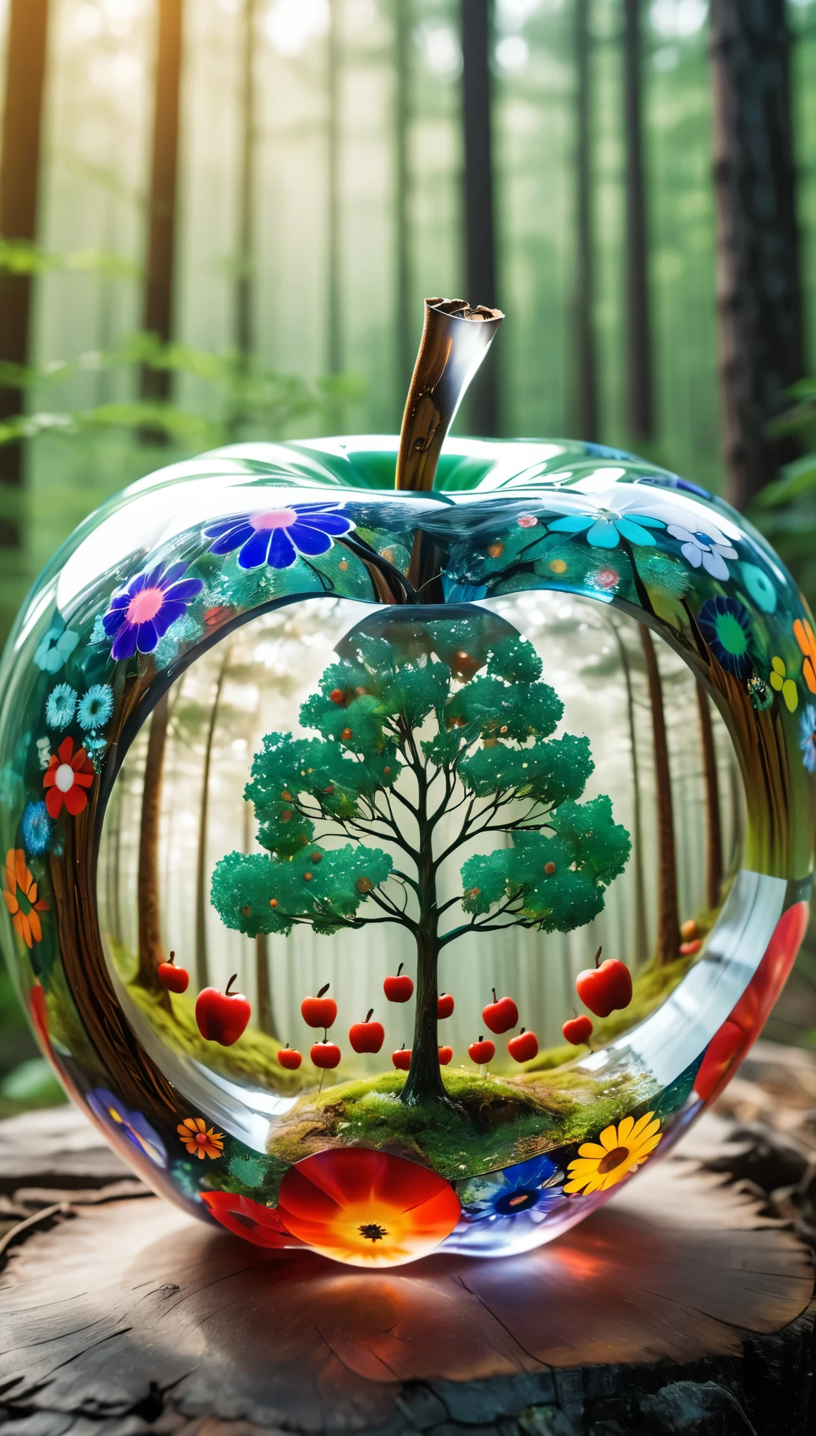 Millefiori glass style,Double Exposure,Glass apple and forest,Forest as background