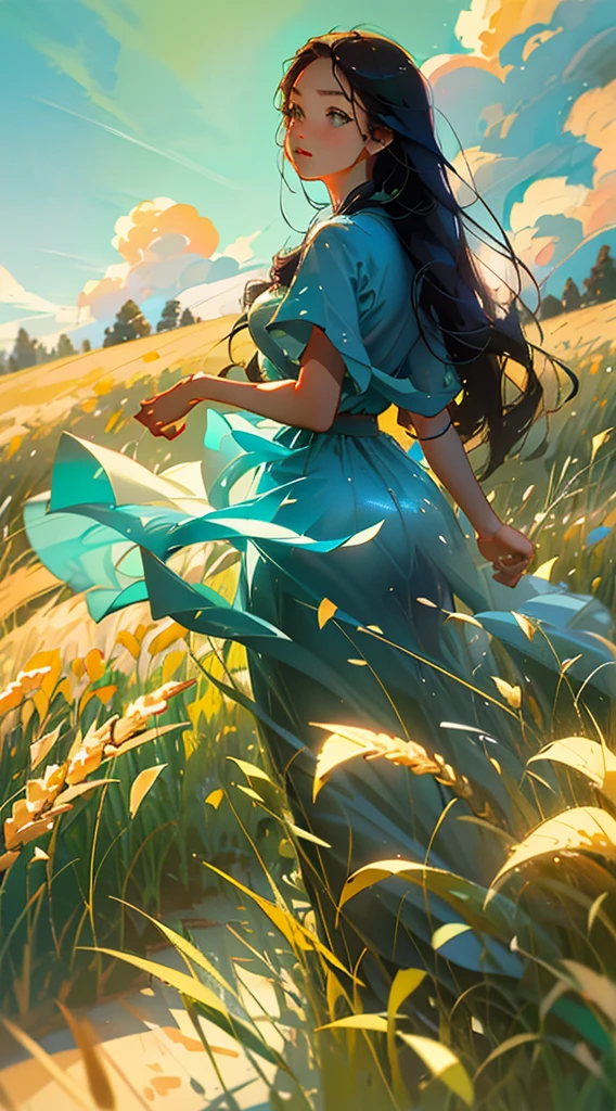 Wheat field, a beautiful girl standing in a wheat field, big clouds, blue sky, rice field, neat rice seedlings in the field, forest, hillside, secluded, countryside, HD detail, hyper-detail, cinematic, surrealism, soft light, deep field focus bokeh, ray tracing and surrealism. --v6