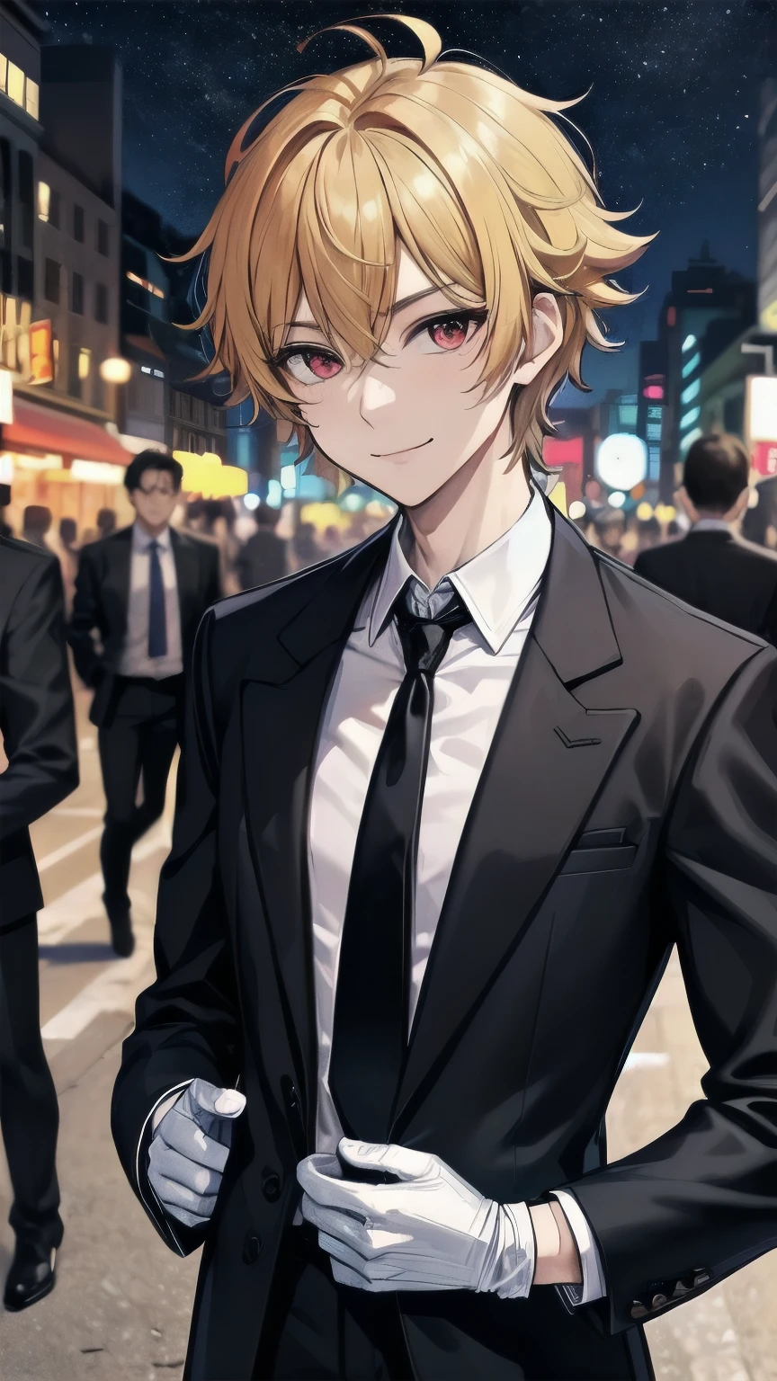 (masterpiece), best quality, expressive eyes, perfect face, mature male, (1boy, handsome man), solo, blond hair, messy hair, red eyes BREAK muscle growth, formal outfit, black outfit, necktie, white gloves BREAK standing, closed mouth, smile, pov, city lights, night streets, ((crowd, people)), night sky, starry sky 