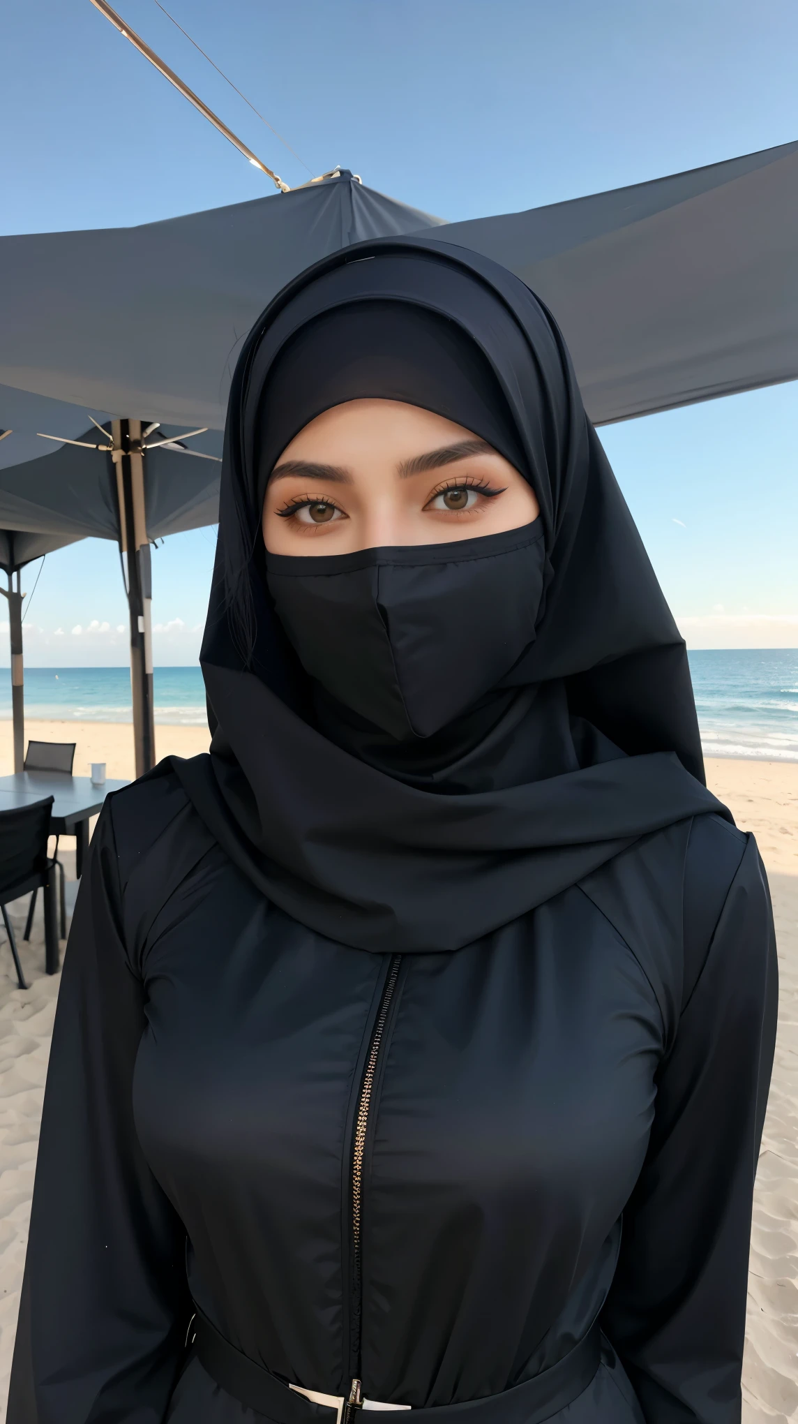 Beautiful Middle East Baby Face , 18 Years Old Woman , Wearing Black Hijab Muslim Outfit , Black Niqab , She Have Beautiful Blue Retina , Big Chest , Sleeveless Outfit , Glow Makeup , Whiten Skin , Sexy Look , On The Beach , Black Coloured
