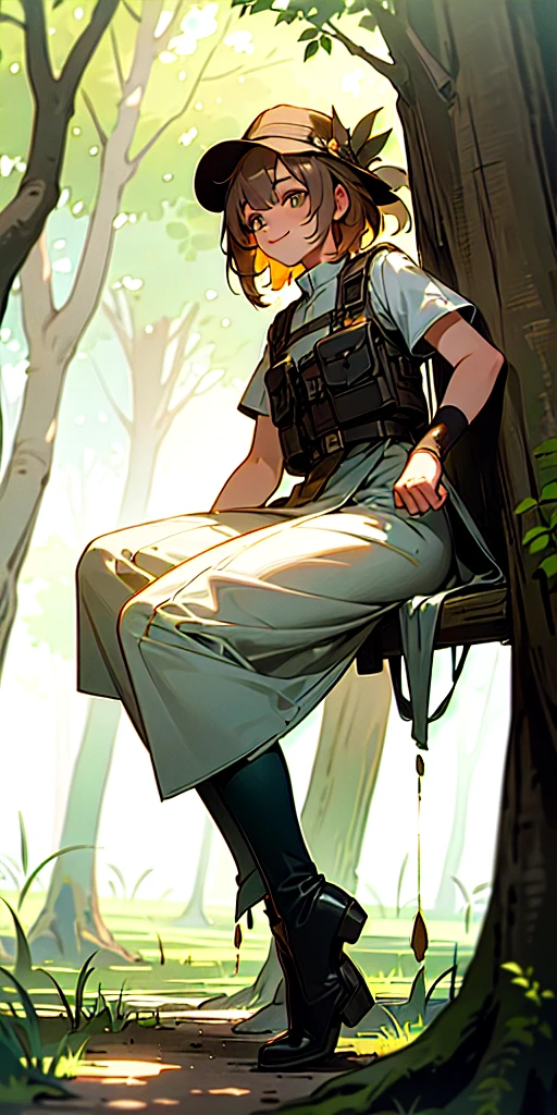 ((high quality)), ((masterpiece)), 8k, bulletproof vest, light, extremely detailed CG unity 8k wallpaper, game cg, absurd, high resolution, super detailed, (1 girl: 1.3), (messy hair, beautiful delicate eyes, shiny oily skin: 1.1), pretty, break, ancient forest, huge trees, peaceful grove, dappled sun, biodiversity, boots, trousers, light layers, hat, the sun is rising, I can see some sparrows sitting and looking out, light summer dress and bright smile, gentle light, normal body proportions.