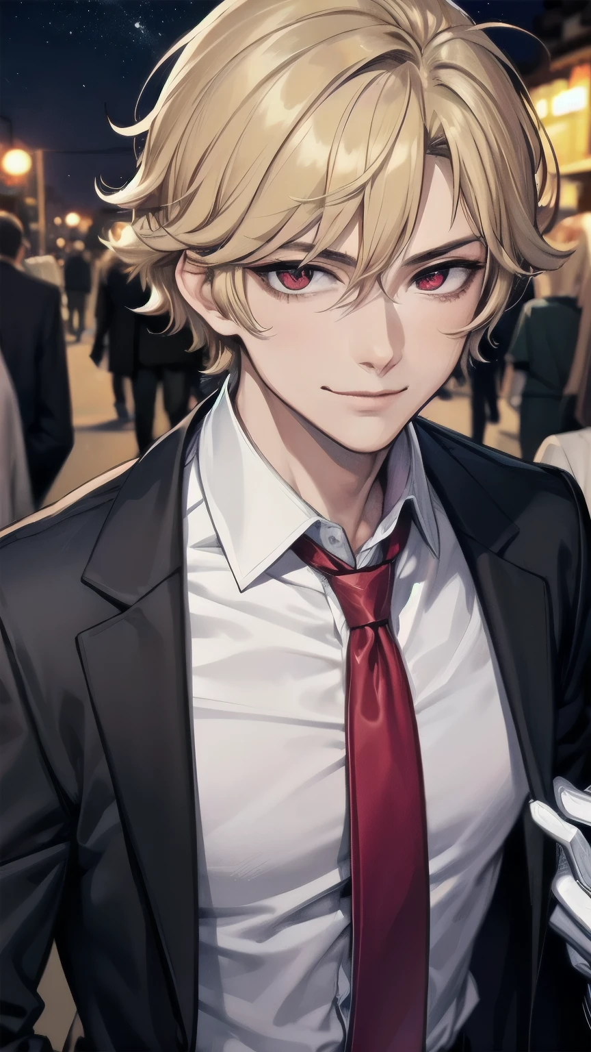 (masterpiece), best quality, expressive eyes, perfect face, mature male, (1boy, handsome man), solo, blond hair, messy hair, red eyes BREAK muscle growth, formal outfit, black outfit, necktie, white gloves BREAK standing, closed mouth, smile, pov, city lights, night streets, ((crowd, people)), night sky, starry sky