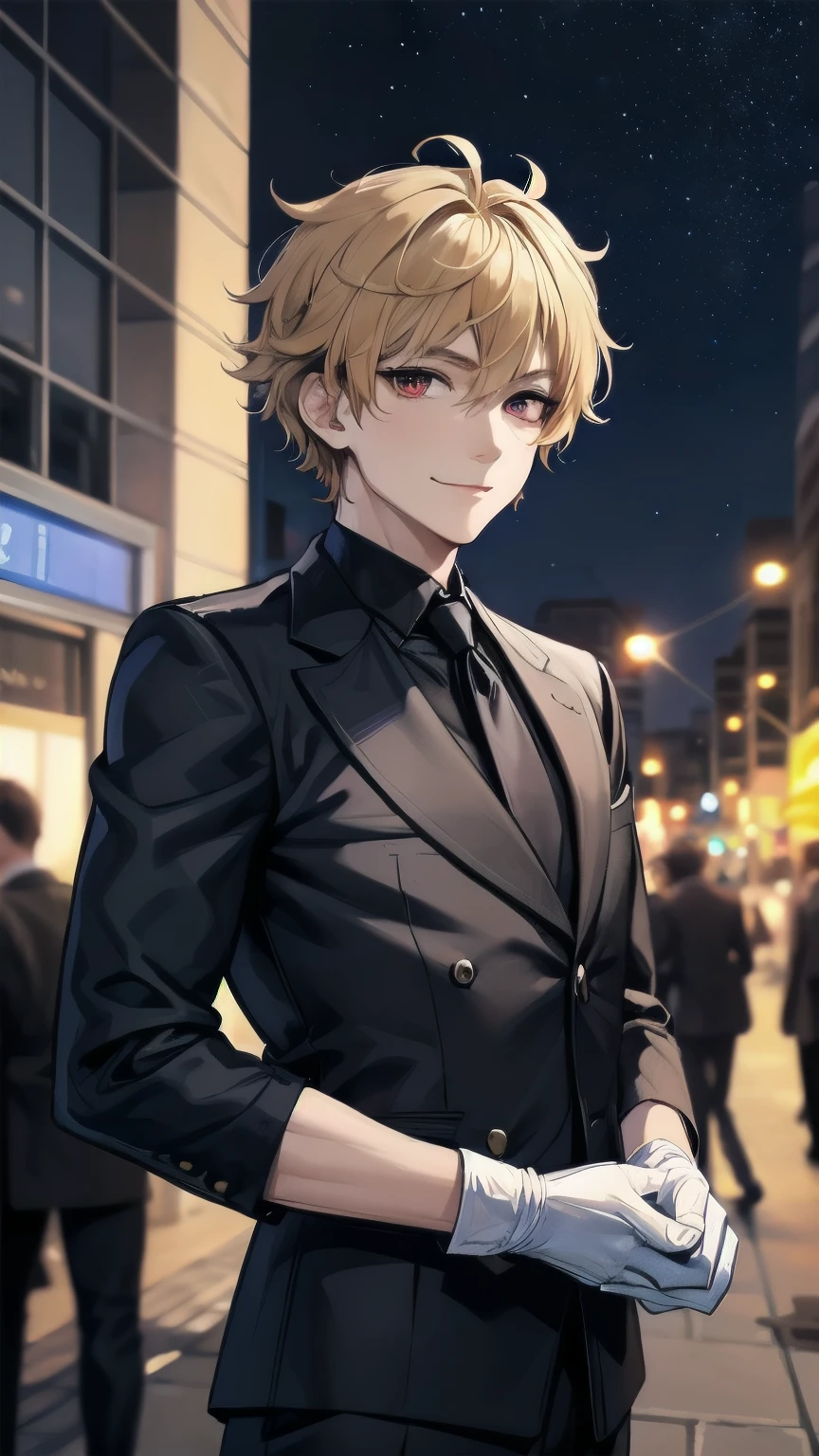 (masterpiece), best quality, expressive eyes, perfect face, mature male, (1boy, handsome man), solo, blond hair, messy hair, red eyes BREAK muscle growth, formal outfit, black outfit, necktie, white gloves BREAK standing, closed mouth, smile, pov, city lights, night streets, ((crowd, people)), night sky, starry sky