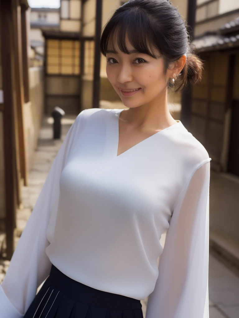 ((Top Quality)), ((8K)), ((Masterpiece: 1.3)), (Perfect Appearance), (Photorealism: 1.6), (Japanese woman standing in an old Japanese townscape: 1.6), (Kyoto), (clear background), japanese woman, (48 years old), ((Standing upright, facing forward, center of screen)), ((Realistic skin texture)), (Fine wrinkles throughout the skin: 1.3), (Dull skin: 1.1), (Skin without moisture: 1.2) , (Wrinkles on the face: 0.9), (Wrinkles on the corners of the eyes: 1.2), Double eyelids, tear bags on the lower eyelids, (Crying moles: 0.9), The eyes are looking here, serious gaze, (Dimples: 1.2), smile with the corners of the mouth raised wide, straight medium length, soft fabric blouse, (through white blouse: 1.3), (Plump and glamorous body), (wide sleeves), (Cuffs that fit your wrist), (The hem of the blouse is tucked into the skirt: 1.2), flare skirt, high heels, (focus on upper body: 1.3), (low angle: 1.4),