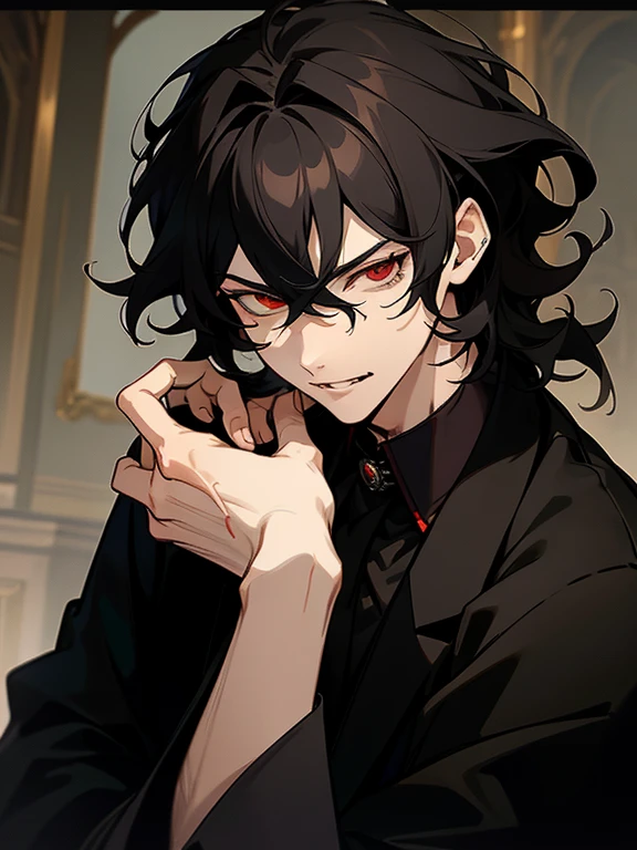 masterpiece, best quality, male character, black hair hair, red eyes, mullet, wavy hair, short hair, vampire, fangs,  religious imagery, rosary, stylized character design, high quality character design, detailed character design, great character design, male, highly detailed outfit, hot, seme, sakuma rei, antique, garter belts, frontage, lateral face, lovely boy, perfect face, detailed eyes, elegant, muscular, handsome man, dark, facing camera, bloody, gothic, vampirism, pierced ears, elegant, handsome, historic, dark background, dark room, candid, neutral face, very dark background, indoors, nighttime, relaxed, peaceful, midnight, posing, prayer, beautiful, happy, kind, gentle, tall man, sexy anime man, hot anime man