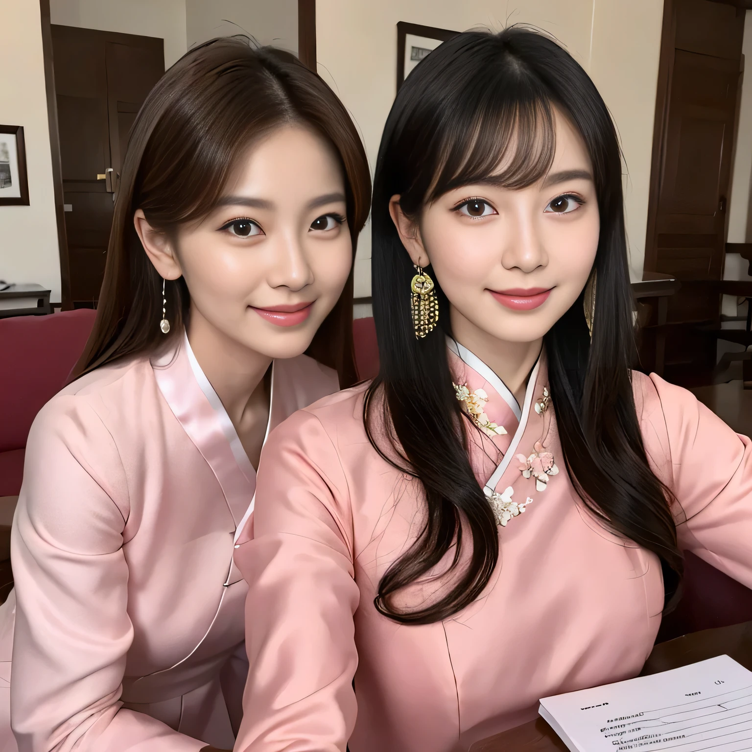highest quality, masterpiece, Middle-aged woman sitting on sofa, Gorgeous Young Korean Woman, Beautiful Asian Girl, Gorgeous Chinese Model, Smooth pink skin, Friendly and seductive smile, Cute seductive smile, Beautiful young Korean woman, Beautiful Korean Women, Korean Girls, trend, Japanese Goddess, Young and pretty girl, With a captivating smile, Beautiful girl model, Black choker, Blue Eyes, Long eyelashes, bangs, ((Slim face, Documents on the table)), ((Pink Chinese Dress)), Earrings, High nose, Upper-class women, meeting, Bright interior, Slim body, Big Breasts、Pink clothes