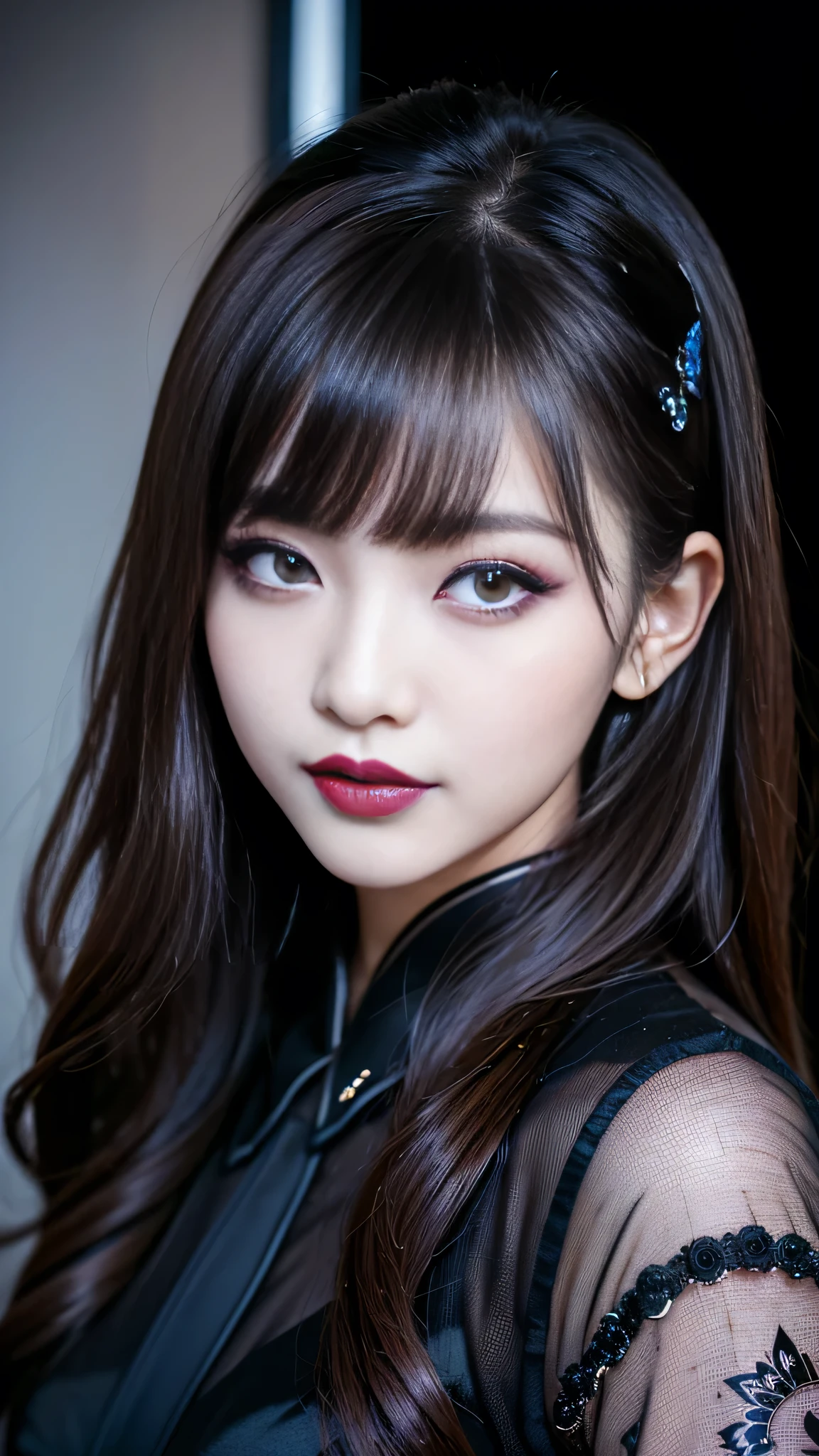 best quality、ultra-detailed、4k、Japanese、Seductive beauty、seductive adult woman、Pretty Woman、cool girl、Villainess、Brainwash、Fallen into evil、smirk、Evil look、Wicked Smile、evil、Brown hair、wavy hair、swept bangs、Butterfly Hair Ornament、dark makeup、dark makeup、piercing eyes、hollow eyes,half-closed eyes、Hollow Eyes、Purple Eyeshadow、black lipstick、black lipglos、Long Black Cheongsam、Wide sleeves、night、inside darkroom、Having lipstick、Makeup Brushes、Emblem of Evil、Crest of Darkness、Swear allegiance、I have pledged my allegiance、Dye black、Blackening、Stained with evil、Dyed in darkness、Spread your hands