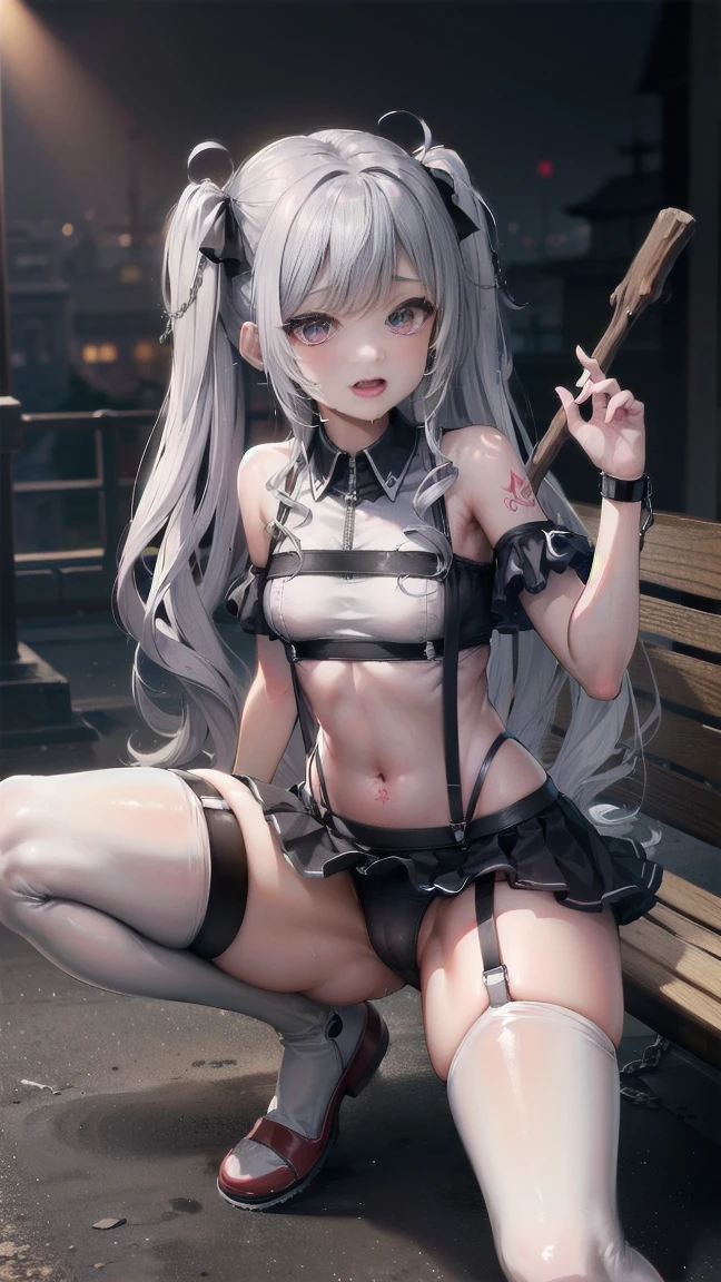 (Art Model:1.3),BESTquality,Super Resolution,(Very cute woman),(High twin tail hair:1.5),(Images with no viewing restrictions:1.5),(She is squatting with her legs spread wide to the left and right.:1.5),(whole body:1.2),(From belowもangle:1.3),(sexy),(White silk knee socks:1.2),(Thin suspenders:1.2),(garter belt:1.3),(Sit with your crotches wide open to the left and right.:1.2),(delicate),(highqualityanime),From belowもangle:1.2,(Sit with your legs wide apart (UPlegs):1.3),({ She is dieting by doing squats with her legs spread wide apart :1.3 }) ,若いShinyShiny白いShiny肌、Platinum blonde hair with dazzling highlights、Shiny明るい髪,Smooth Hair、輝くbeautiful前髪、Shiny, Transparent and attractive、とてもbeautiful, Nice and cute 、High resolution、Very detailedな写真、Professional Lighting、(A gravure idol spreads her legs wide to show off her panties to the camera.:1.3)、(masterpiece, highest quality:1.2), alone, {{{masterpiece}}}, {{{highest quality}}}, {{Very detailed}}, {{とてもdelicateでbeautiful}}, ,(High two side up hairstyle:1.5), very cute ,(Flat Chest, Small hips, Maid, Black Skirt, (White knee-high socks:1.3), (((legsUP:1.3))), ((Pushed backwards:1.5)), (Place your arms behind your back:1.2),,Tilt your head, In the heat, Open your mouth, Drooling, (((From below))),, (((Upper Body))), (animation, (Skirt lift:1.3), (whole body:1.2),(Thin suspenders:1.2),(garter belt:1.3),(Silk knee socks),Drooling,(Completely hairless crotch 1.3),(short hair),(Slim and round body:1.2,((Tattoo on crotch:1.2),((beautiful:1.2),(Semi-rear stick:1.2),(Bright lighting:1.2),(Small breasts:1.3),(Double Hand is completely restrained by chains, (Upper Bodyは鎖とロープで完全拘束状態:1.3),(Cute Face),(Ahegao:1.2),(Outdoor LIVE Idol),(Night Park),(bench),(Largely torn clothes:1.3),(silverhair)({ KMS Elbe :1.3 }),(Riding a bike:1.5),(Front body:1.5),