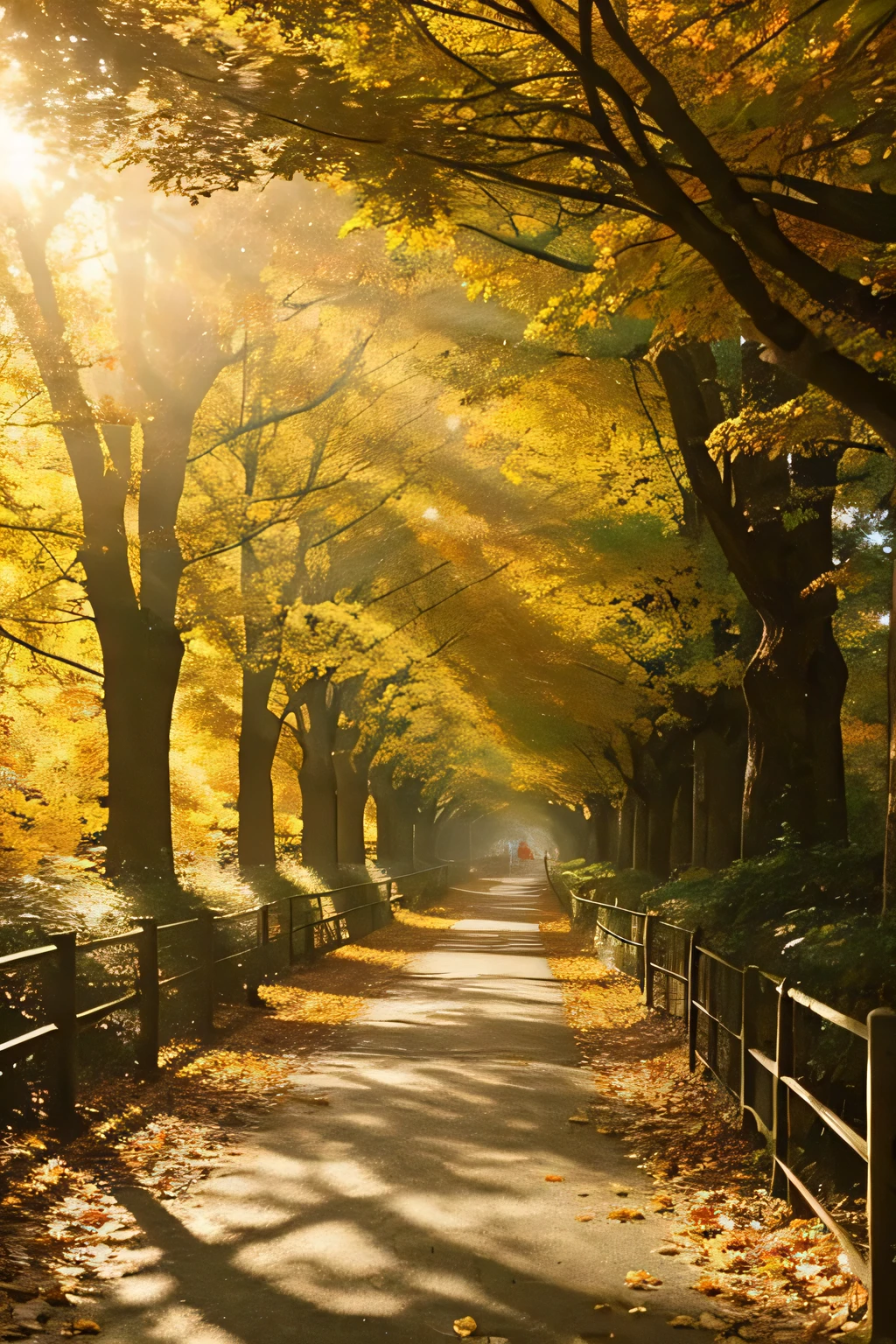 The image depicts a serene, sunlit forest path during autumn. Golden light filters through the canopy, casting a warm glow and highlighting the mist hanging in the air. Leaves in shades of yellow and orange speckle the trees and ground, suggesting an early morning freshness. The path, mostly dirt and scattered with leaves, winds gently through the forest, inviting a peaceful walk. This image captures the tranquility and beauty of a forest in the height of autumn.