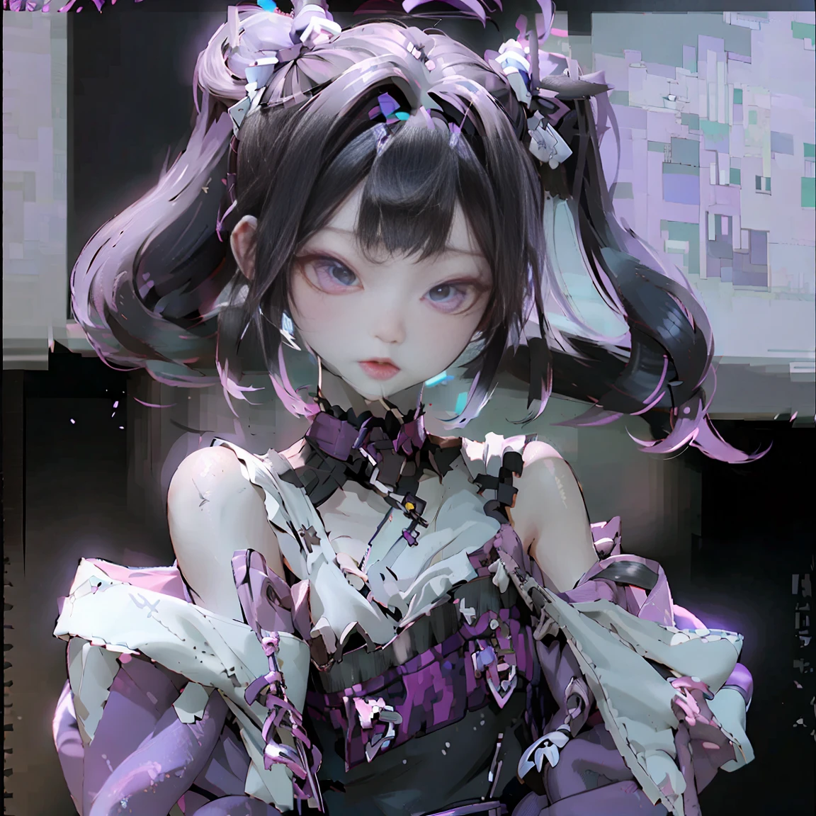 idol girl, black hair, flat bangs, two pigtails, purple eyes, idol girl , photography card, detailed face,detailed body, black shirt, black short skirt, double coiled hair