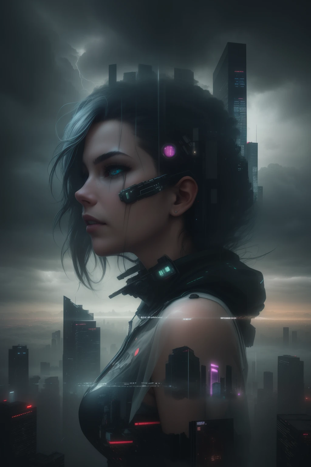 cyberpunk [foggy cityscape in the distance : very pretty girl, city:0.33] immersed in a giant flow of wind, living in a thunder cloud, behind the cloud, (double exposure:1.3), photo by Brandon Woelfelmist, surreal dream, gray atmosphere, rainy day, dynamic, lut, hdr