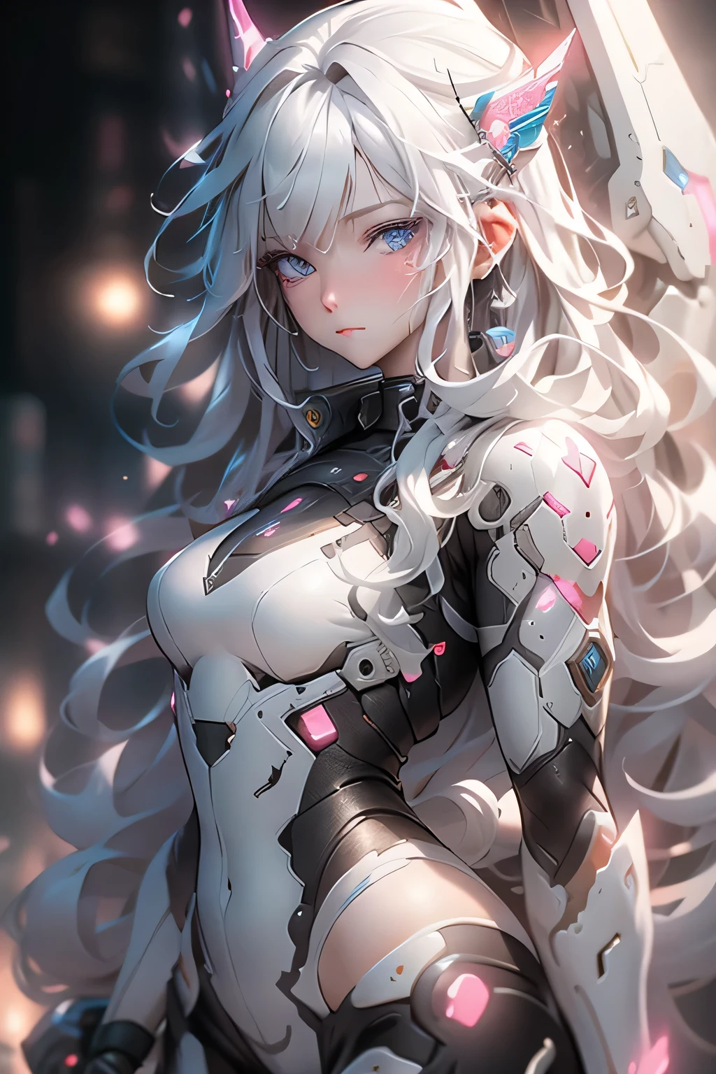 ((masterpiece)), (detailed:1.4),Realistic、 Images of cyberpunk women,Dynamic pose、A dynamic pose、High resolution(High Dynamic Range),Ray Tracing,NVIDIA,Super Resolution,PBR Textures,Post-processing,Anisotropic Filtering,Maximum depth of field resolution and crisp layer textures,Albedo and Specular Maps,Surface Shading,Accurate simulation of material interactions,Perfect balance,Rendering with Octane,2-color light,Large Diameter,Low ISO,White balance,Rule 3 points、8K raw data、Backlight、(Gray hair that changes with light、length bangs that block the view、length, Lustrous gray hair、Smooth and straight hair、WHITE hair fluttering in the wind、Beautiful Bangs)、(Beautiful, glowing skin、Cheek gloss highlight、Sexy and very beautiful and adorable face、The most beautiful face in the world、big, Sparkling blue eyes)、(Cute 25 year old girl、Ample breasts、Small waist、Delicate shoulders、Perfect figure)