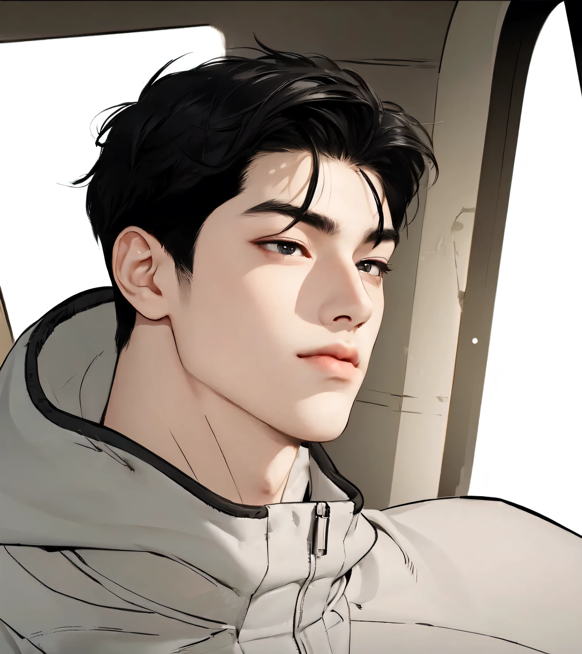 1man, perfect eye, perfect illumination, black hair, black eyes, unreal engine, sidelighting, detailed face, bangs, bright skin, simple background, dark background