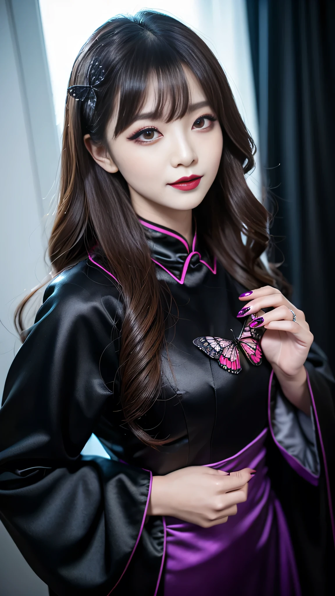 best quality、ultra-detailed、4k、Japanese、Seductive beauty、seductive adult woman、Pretty Woman、cool girl、Villainess、Brainwash、Fallen into evil、smirk、Evil look、Wicked Smile、evil、Brown hair、wavy hair、swept bangs、Butterfly Hair Ornament、dark makeup、dark makeup、piercing eyes、hollow eyes,half-closed eyes、Hollow Eyes、Purple Eyeshadow、black lipstick、black lipglos、Long Black Cheongsam、Wide sleeves、night、inside darkroom、Having lipstick、Makeup Brushes、Emblem of Evil、Crest of Darkness、Swear allegiance、I have pledged my allegiance、Dye black、Blackening、Stained with evil、Dyed in darkness、Spread your hands