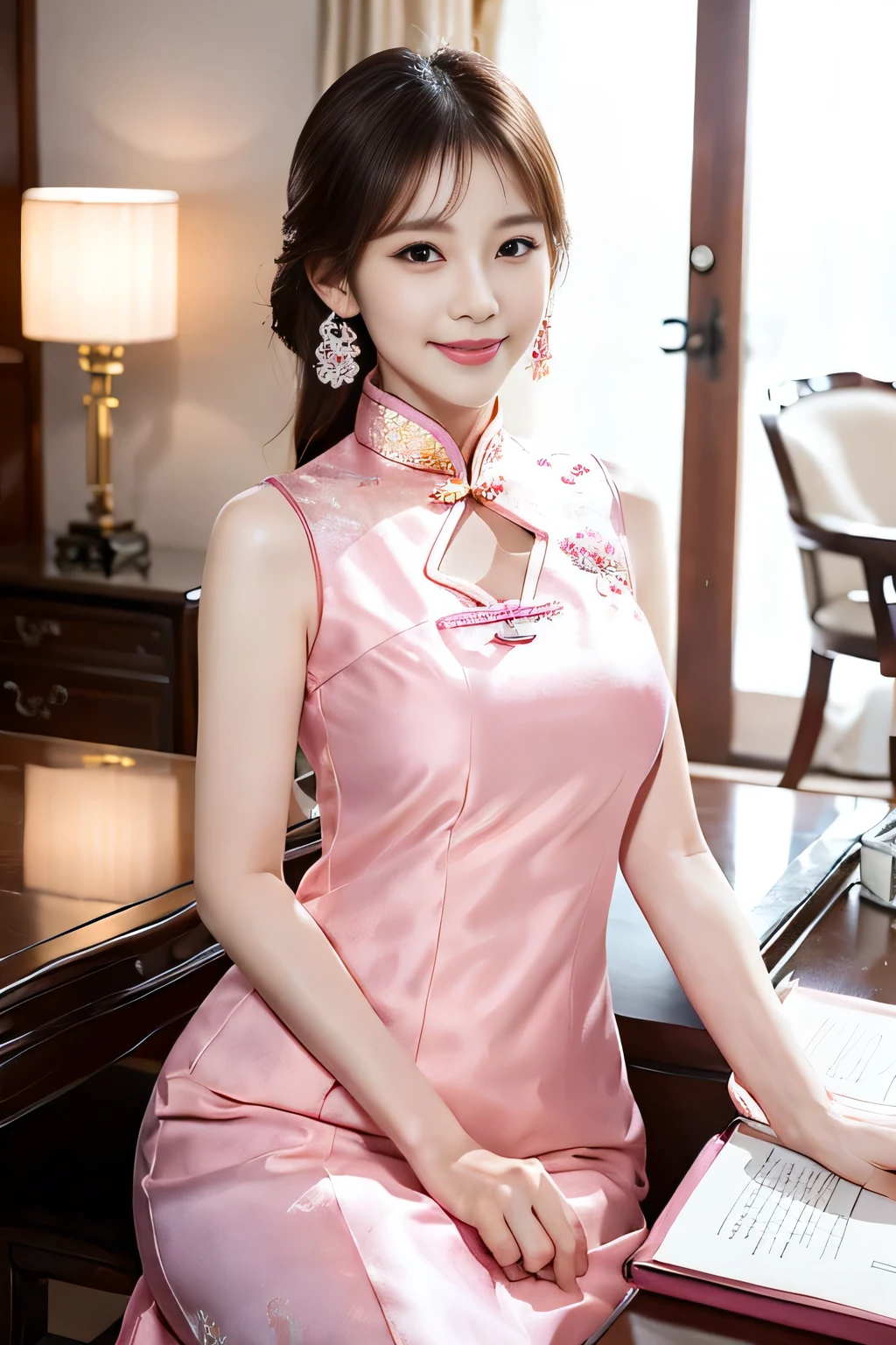 highest quality, masterpiece, Middle-aged woman sitting on sofa, Gorgeous Young Korean Woman, Beautiful Asian Girl, Gorgeous Chinese Model, Smooth pink skin, Friendly and seductive smile, Cute seductive smile, Beautiful young Korean woman, Beautiful Korean Women, Korean Girls, trend, Japanese Goddess, Young and pretty girl, With a captivating smile, Beautiful girl model, Black choker, Blue Eyes, Long eyelashes, bangs, ((Slim face, Documents on the table)), ((Pink Chinese Dress)), Earrings, High nose, Upper-class women, meeting, Bright interior, Slim body, Big Breasts、Pink clothes