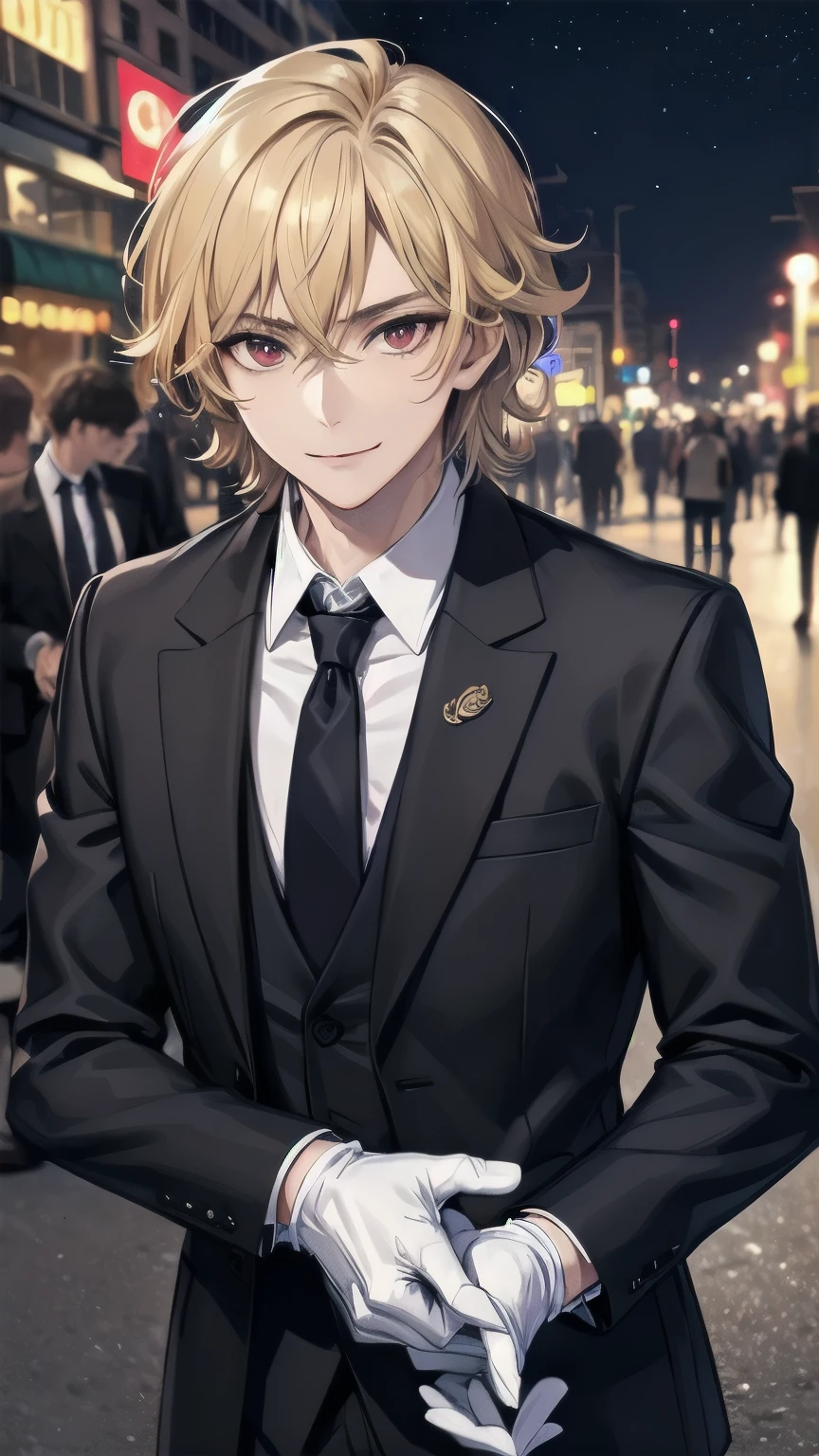 (masterpiece), best quality, expressive eyes, perfect face, mature male, (1boy, handsome man), solo, blond hair, messy hair, red eyes BREAK muscle growth, formal outfit, black outfit, necktie, white gloves BREAK standing, closed mouth, smile, pov, city lights, night streets, ((crowd, people)), night sky, starry sky