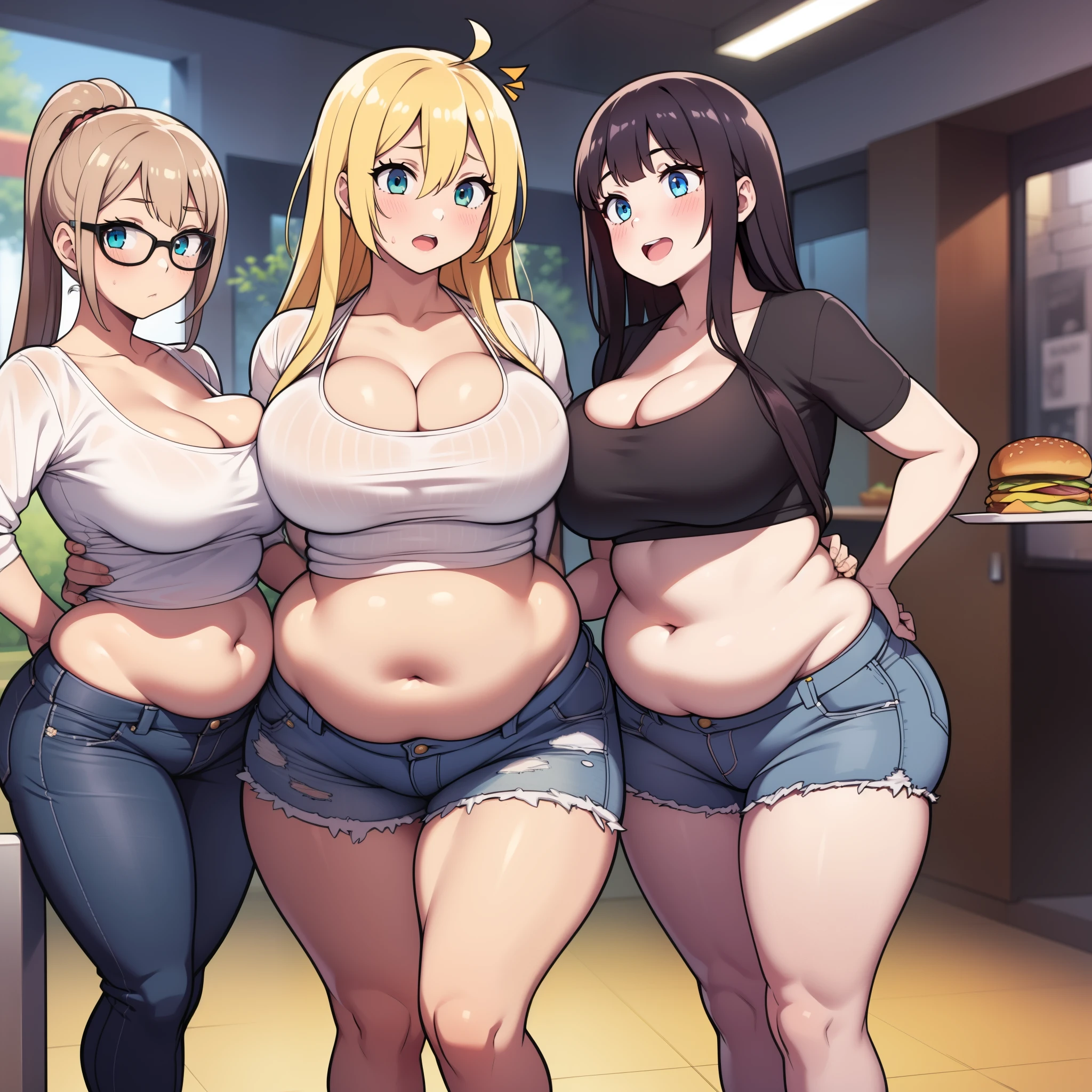 ((highres)), Masterpiece, high quality, best quality, beautiful, perfect lighting, detailed face, ultra cute face, ((blush)), embarrassed, (((2girls))), one girl has blonde hair, blue eyes, crop top and shorts, skindentation, one girl has brown hair, green eyes, jeans, white shirt, tight clothes, full body, fast food restaurant, medium breasts, ((wide hips)), (((thick thighs))), ((plump belly)), cleavage, chubby belly, fat folds, belly hang, standing, touching each other, breast bump,