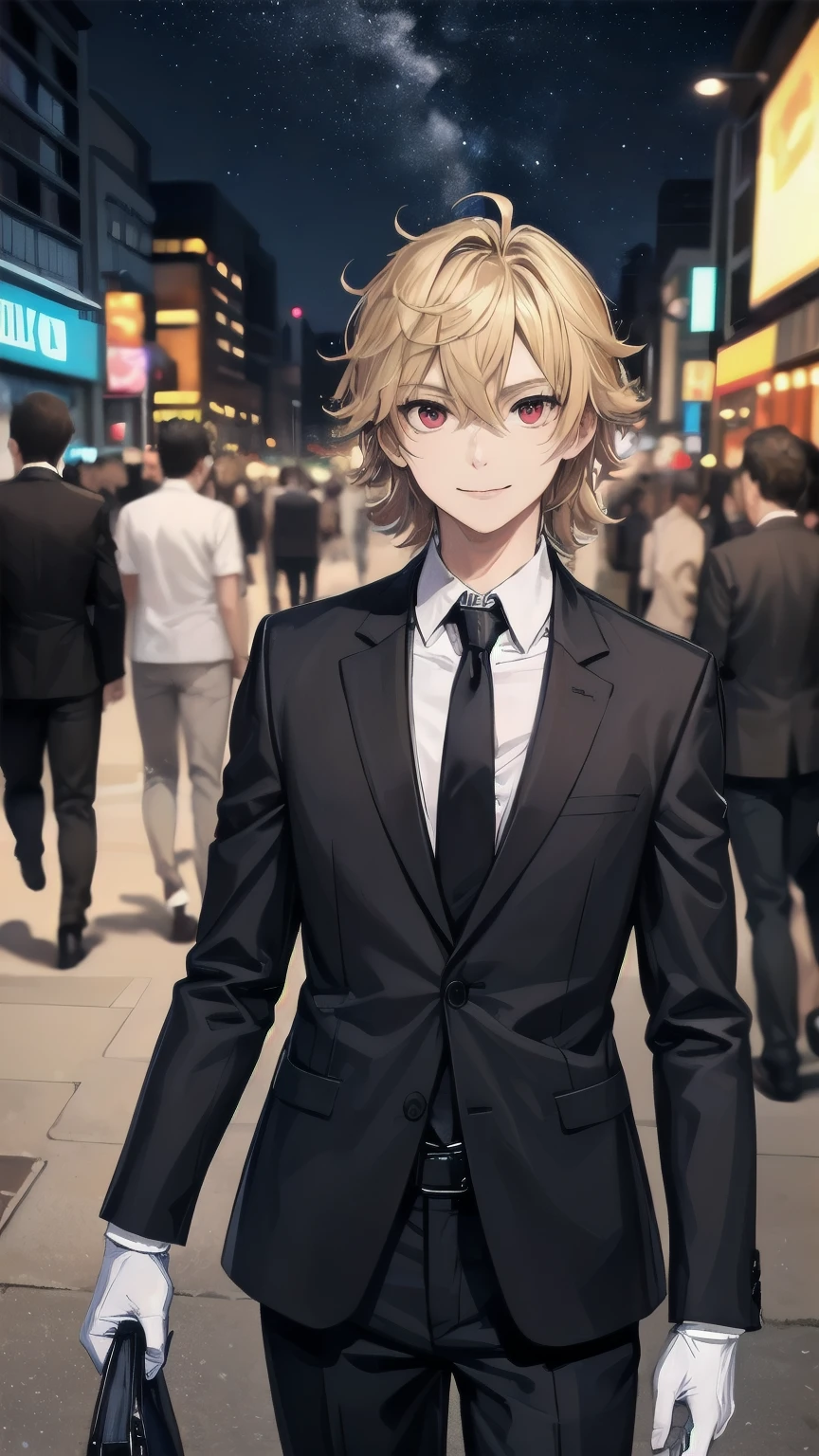 (masterpiece), best quality, expressive eyes, perfect face, mature male, (1boy, handsome man), solo, blond hair, messy hair, red eyes BREAK muscle growth, formal outfit, black outfit, necktie, white gloves BREAK standing, closed mouth, smile, pov, city lights, night streets, ((crowd, people)), night sky, starry sky