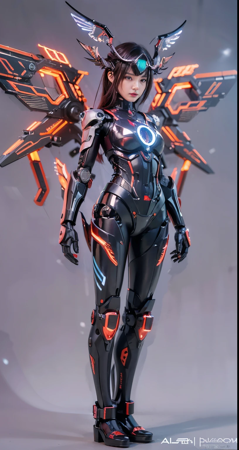 (top-quality:1.2, masterpiece)、ultra high resolution、extremely ultra surrealism, (Photorealsitic:1.4)、Raw photo、(Battle Cyborg), (fallen angel)、large wings made of metal、black porcelain body、red hair、glowy skin、1 Cyborg girl、(mechanical frame:1.3)japanese, extremely cute face, ((super realistic details))、portrait、globalillumination、Shadow、octan render、8K、ultrasharp、character edge light、Details of complex ornaments、Acrylic Clear Cover、Sumerian details、Hydraulic cylinder、Small LED lamp、highly intricate detail、Realistic light、a purple eye、radiant eyes、Facing the camera、neon details、cowboy shot、Futuristic headgear、About Cyberpunk