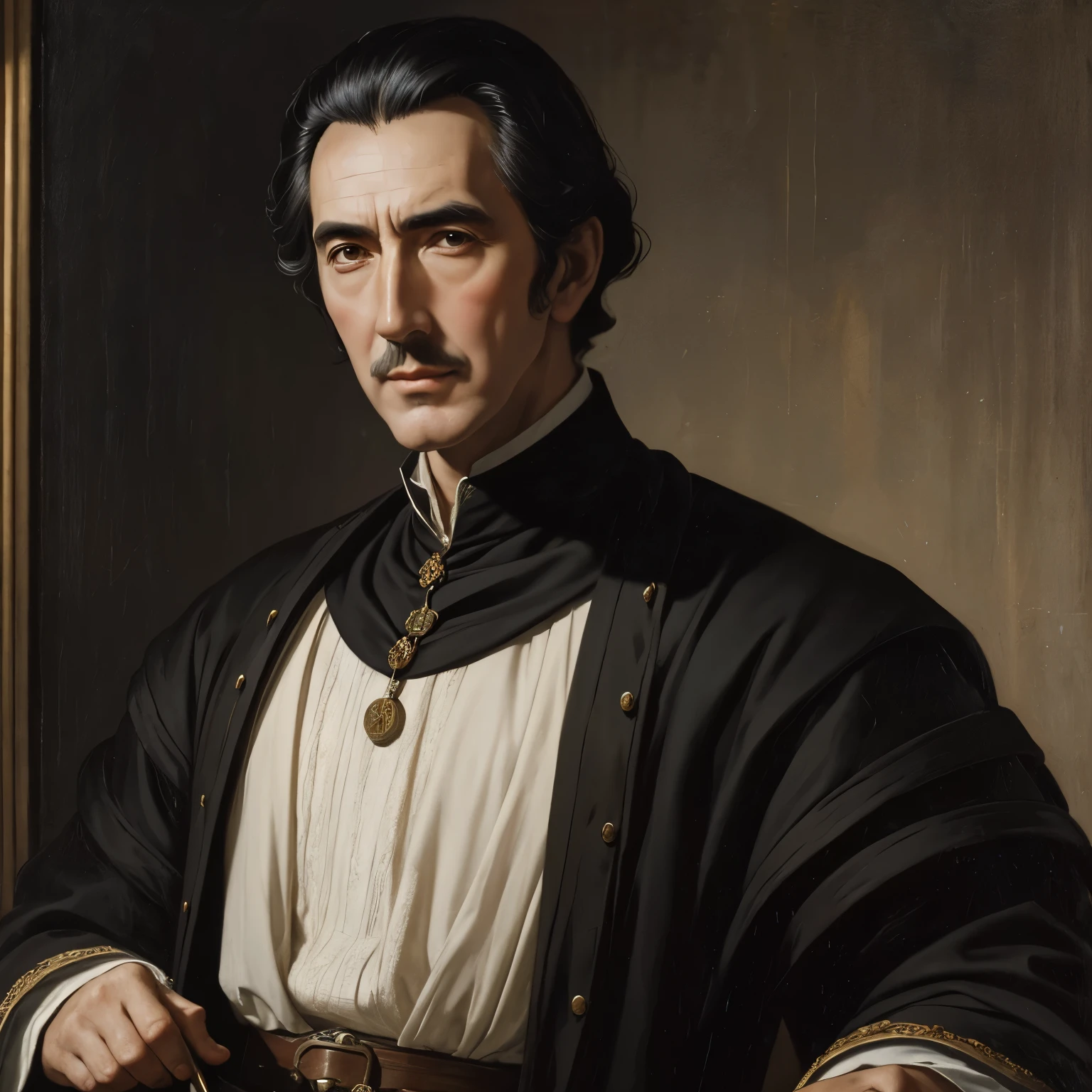 Oil painting of a medieval young earl, 16th century oil painting portrait, christopher lee when he was young, chirstopher lee in 1950s, oil painting filter, black hair, young face