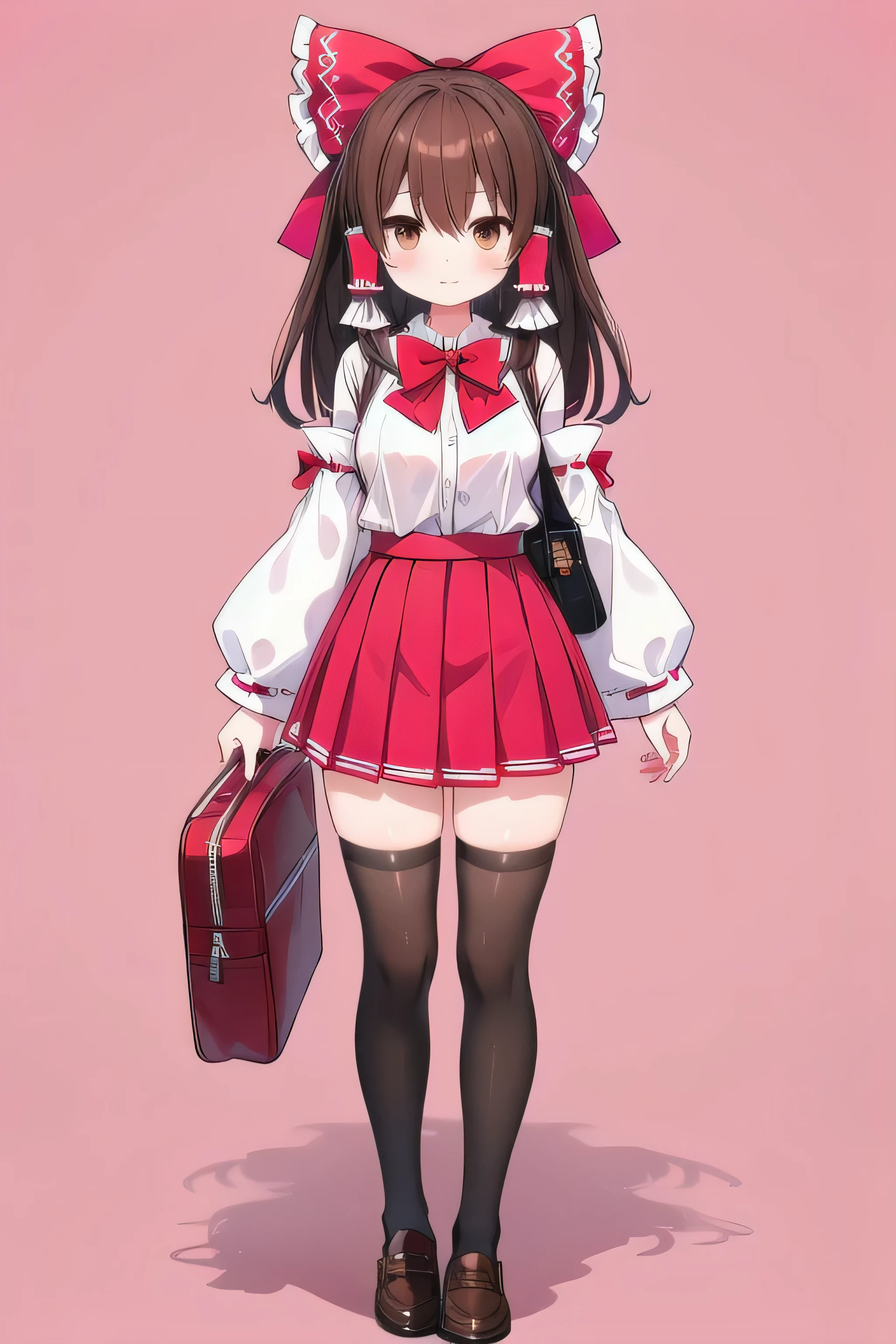 hakurei reimu, 1girl, solo, breasts, looking at viewer, bangs, skirt, brown hair, shirt, black hair, thighhighs, bow, brown eyes, , standing, full body, white shirt, hair bow, sidelocks, pleated skirt, shoes, alternate costume, black thighhighs, miniskirt, bowtie, bag, red bow, zettai ryouiki, red skirt, hair tubes, pink background, loafers, red bowtie, sleeves rolled up, school bag, contemporary, frilled bow, masterpiece, top quality, super detailed, CG illustration, high resolution, better lighting, best shadows, very delicate and beautiful, proper shading, hd, 8k,