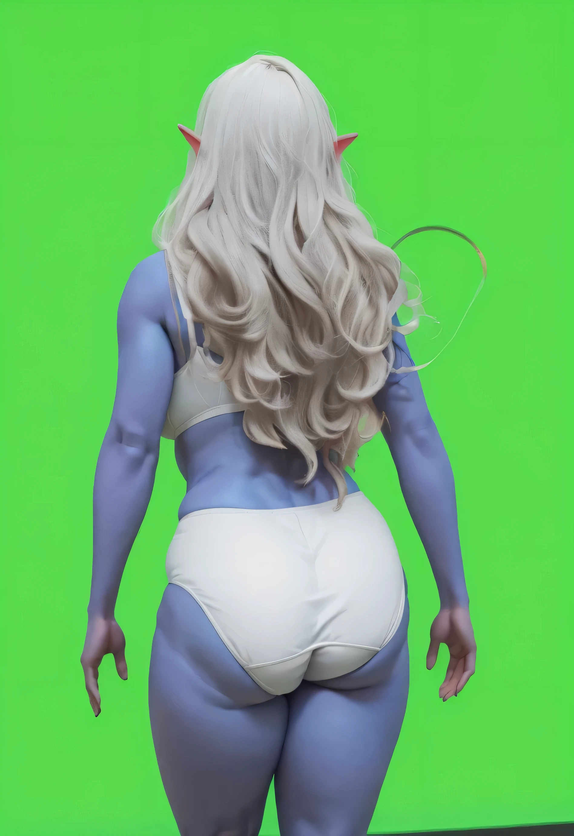 ((masterpiece, best quality)), ((((perfect anatomy)))), ((35 year old)), (((Curvy))), ((Dark Elven woman with long white hair)), in ((white cotton panties)), ((white bra)), (((Large buttocks))), standing in front of a green screen, Pixar Movie art style