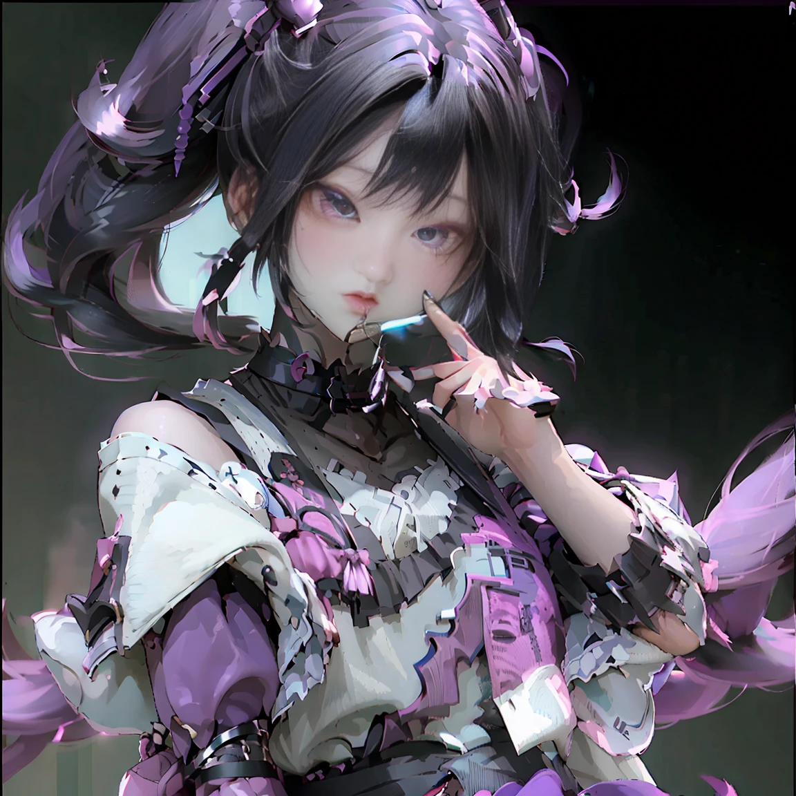 idol girl, black hair, flat bangs, two pigtails, purple eyes, idol girl , photography card, detailed face,detailed body, black shirt, black short skirt, double coiled hair