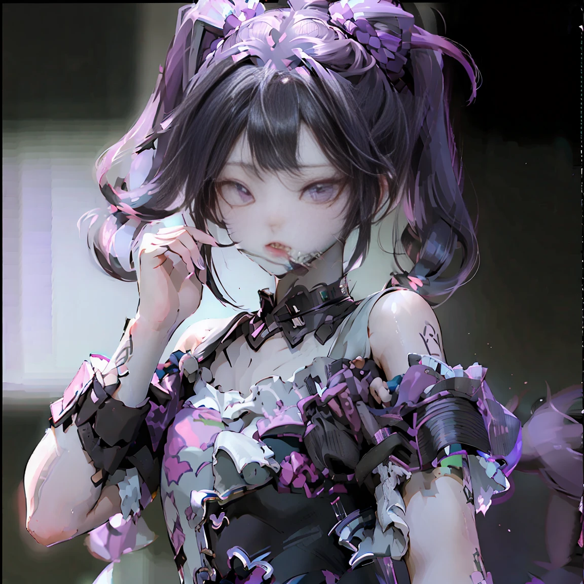 idol girl, black hair, flat bangs, two pigtails, purple eyes, idol girl , photography card, detailed face,detailed body, black shirt, black short skirt, double coiled hair