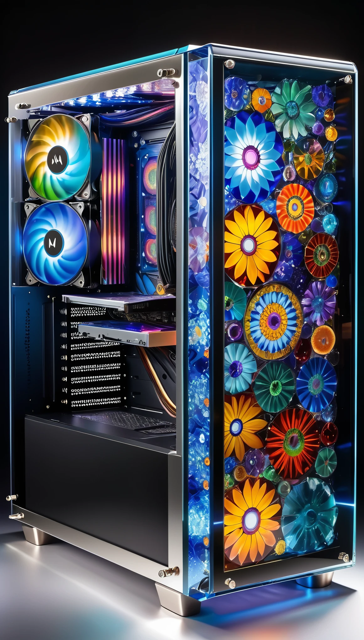 (best quality,photo-realistic:1.37),Millefiori glass style,transparent computer case,translucent colors,refracted light,PC gaming setup,detailed components,dark background,RGB lighting,illuminated motherboard,crystal clear glass side panel,artful blend of colors,showcase of craftsmanship,eye-catching design,modern sleek lines,intricate patterns,lustrous surface,streamlined appearance,gorgeous aesthetics,reflective surface,exquisite details,glowing effect,innovative design,high-end materials,meticulous attention to detail,seeded glass texture,impeccable craftsmanship,vibrant and vibrant appearance,vivid hues,luxurious configuration,impressive art glass elements,harmonious combination of beauty and functionality,appealing aesthetic appeal,translucent elegance,perfect balance between form and function,ethereal beauty,mesmerizing and stunning effect,breathtaking luminosity,illuminating masterpiece