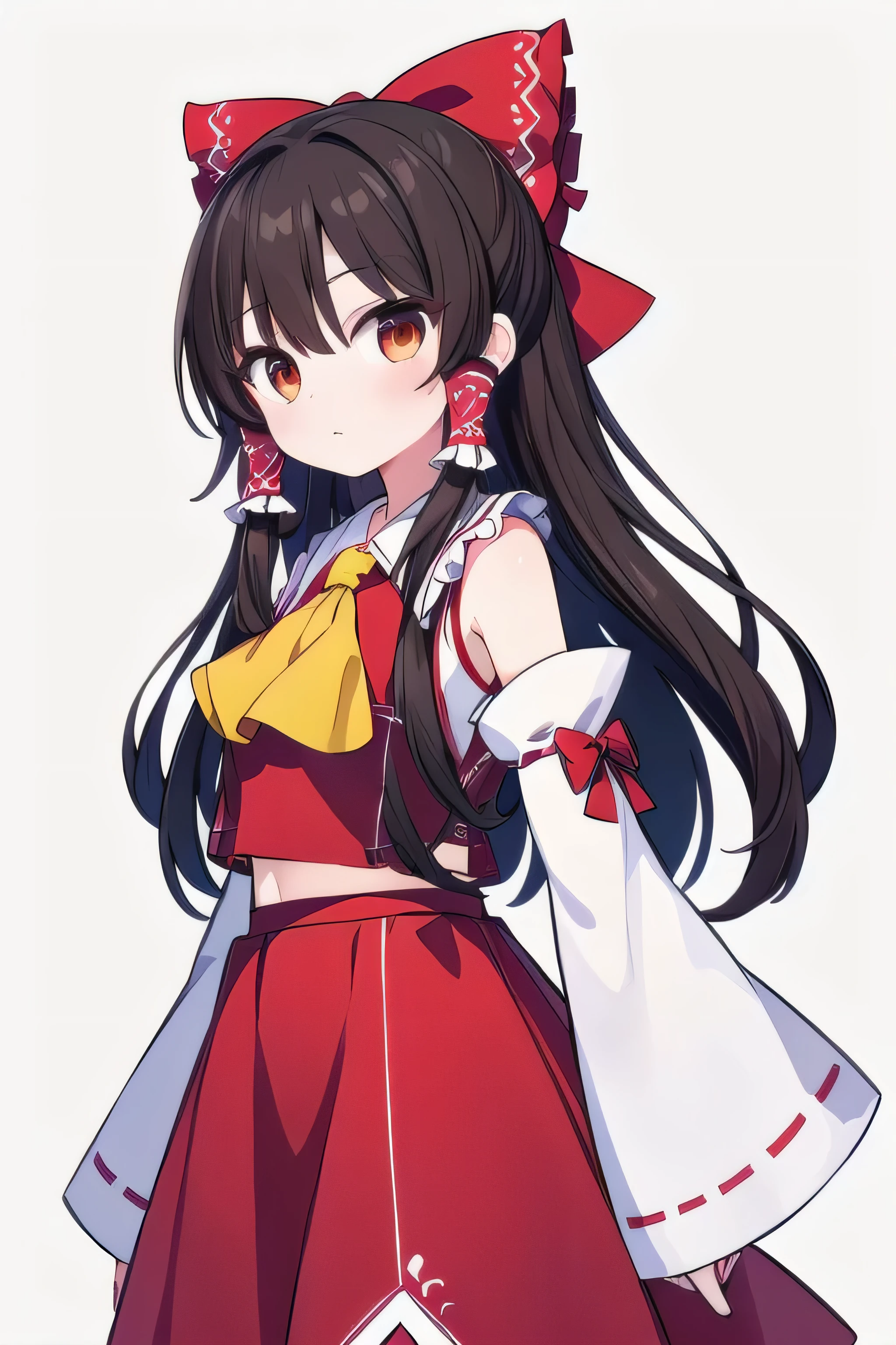 masterpiece, top quality, super detailed, CG illustration, high resolution, better lighting, best shadows, very delicate and beautiful, proper shading, hd, 8k,hakurei reimu, 1girl, solo, long hair, looking at viewer, bangs, skirt, simple background, brown hair, shirt, black hair, red eyes, long sleeves, white background, bow, bare shoulders, brown eyes, standing, hair bow, sidelocks, frills, detached sleeves, wide sleeves, red bow, ascot, red skirt, hair tubes, ribbon trim, skirt set, ribbon-trimmed sleeves, yellow ascot, gohei, frilled bow