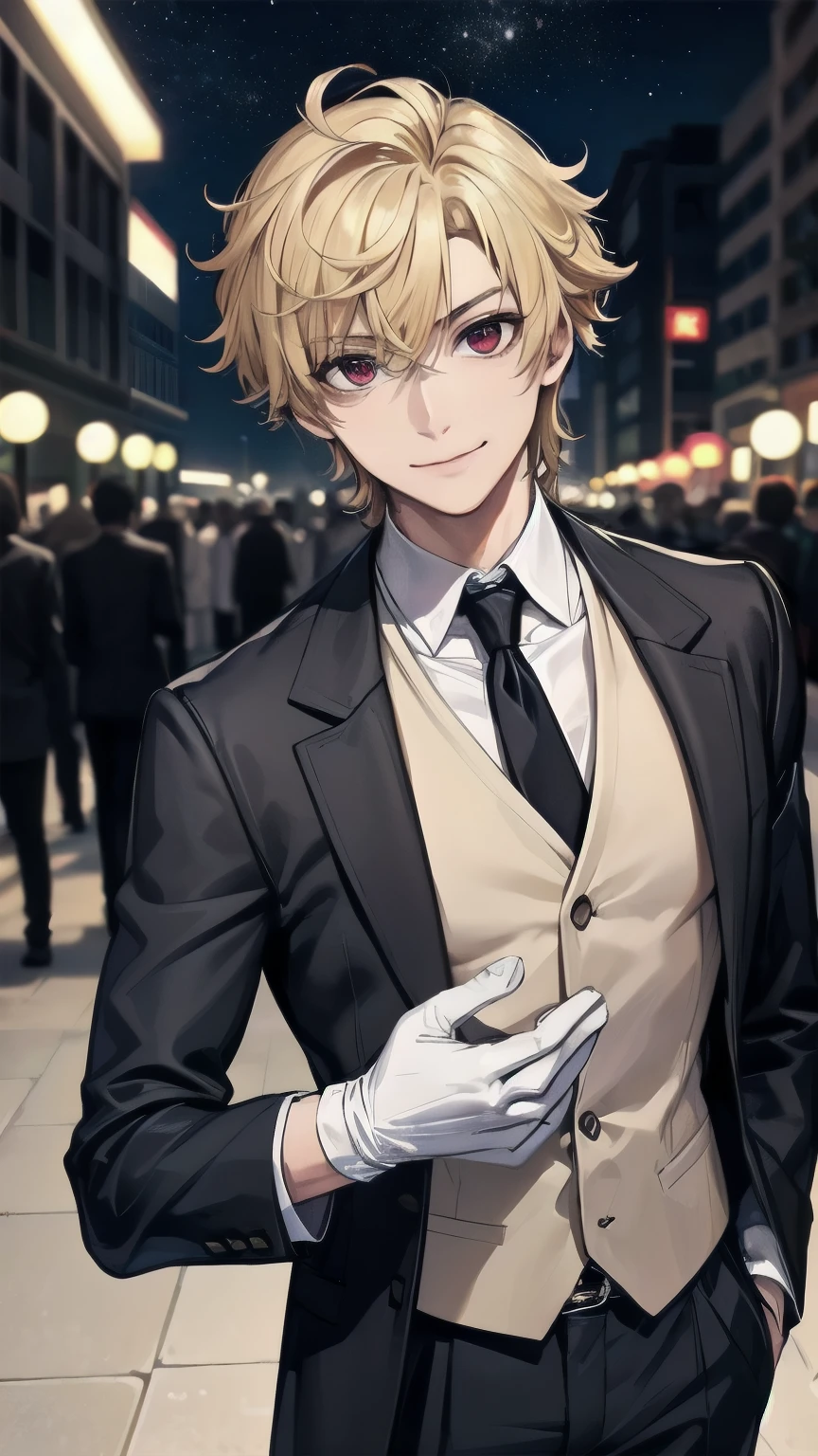 (masterpiece), best quality, expressive eyes, perfect face, mature male, (1boy, handsome man), solo, blond hair, messy hair, red eyes BREAK muscle growth, formal outfit, black outfit, necktie, white gloves BREAK standing, closed mouth, smile, pov, city lights, night streets, ((crowd, people)), night sky, starry sky 