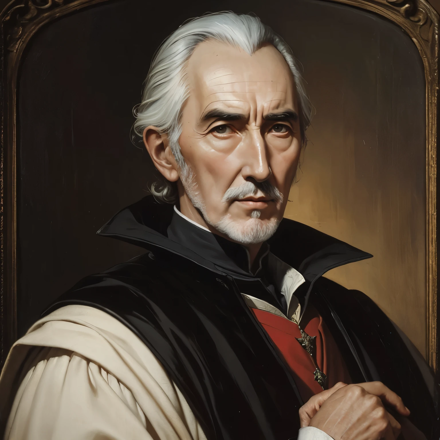 Oil painting of a medieval young count, 16th century oil painting portrait, christopher lee when he was young, chirstopher lee in 1950s, oil painting filter
