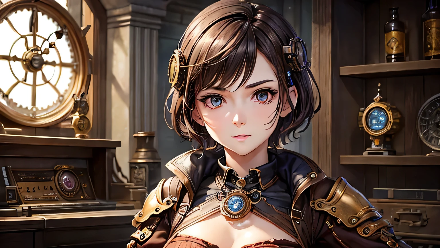 woman、Age 25、short hair、Brown Hair、Steampunk costumes、Detailed, high-quality facial expression、Detailed and high-quality eye depiction、Detailed and high-quality costume depiction、Steampunk medieval background、Gear elements、Analog Clock Element、Nixie tube element、