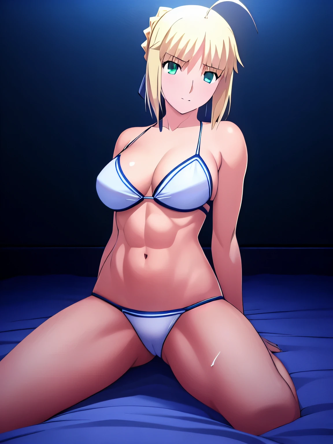 best quality, masterpiece, highres, realistic, ray_tracing_graphic, solo, adult_female, {saber_fatestaynightufotable:1.15}, blonde_hair, little_ahoge, green_eyes, blue_ribbon, 1girl, anime_coloring, full_body, happy_face, five_fingers, blush, large_breasts, official_white_kids_bikini, blue_straps, from_the_front, sit, bedroom, dark_room, night_time, wet_body, sixpack_abs