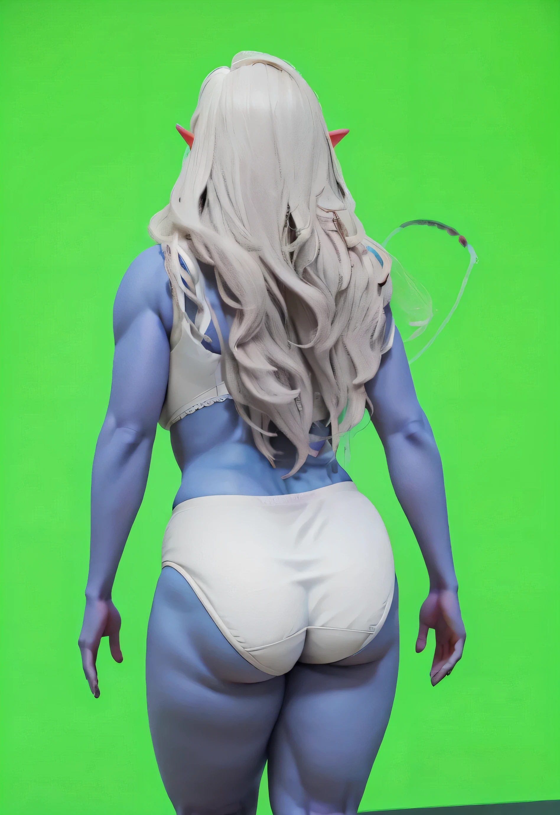 ((masterpiece, best quality)), ((((perfect anatomy)))), ((35 year old)), (((Curvy))), ((Dark Elven woman with long white hair)), in ((white cotton panties)), ((white bra)), (((Large buttocks))), standing in front of a green screen, Pixar Movie art style