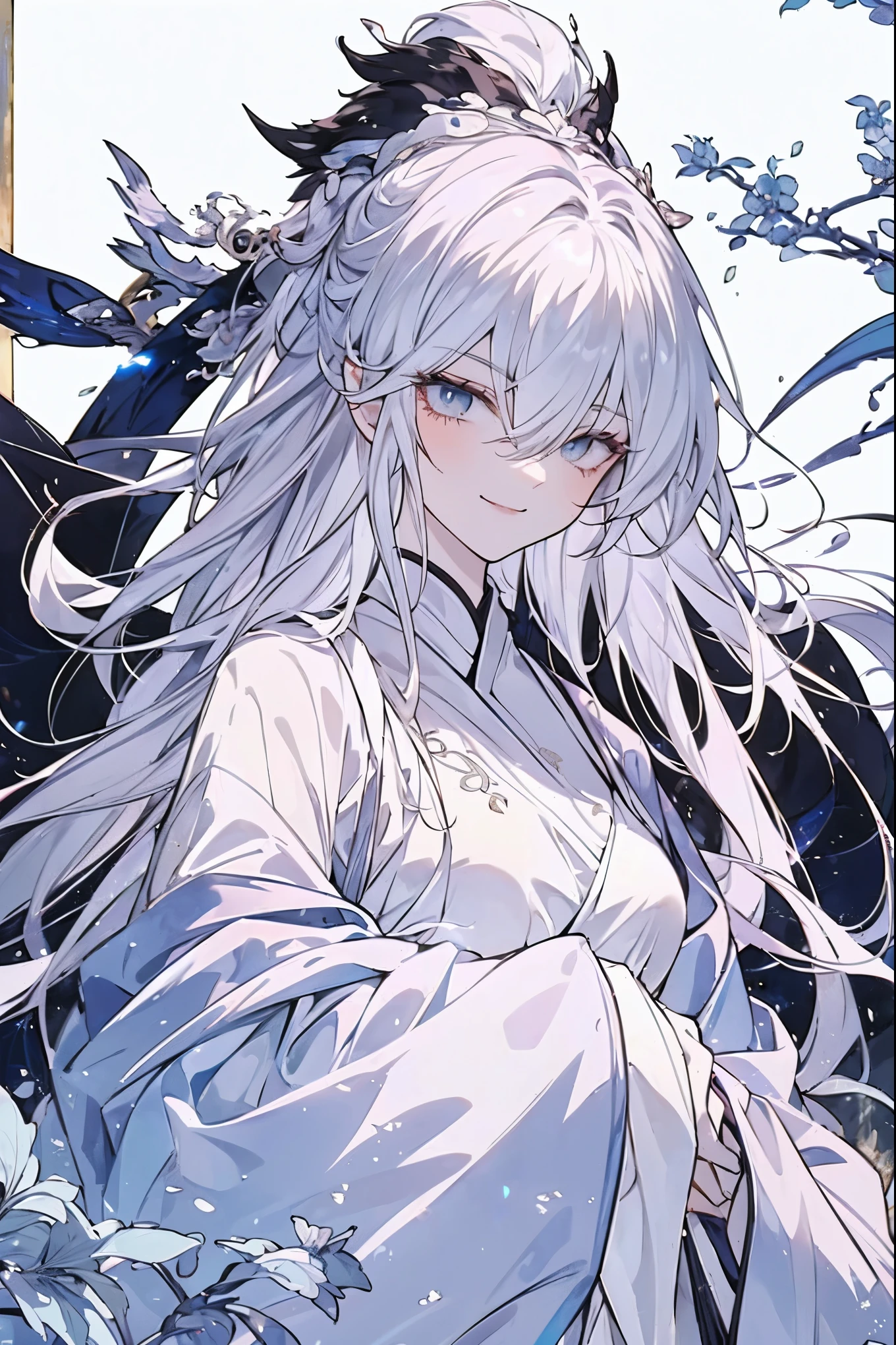 (masterpiece)，(Highest quality)，(Best details)，(High Definition)，(Beautiful works)，(Full body picture)，Chinese fantasy style，1girl,((white hair))，Black eyes，((White clothes))，(((Villain image))),((Beautiful clear eyes)),(Sinister smile)