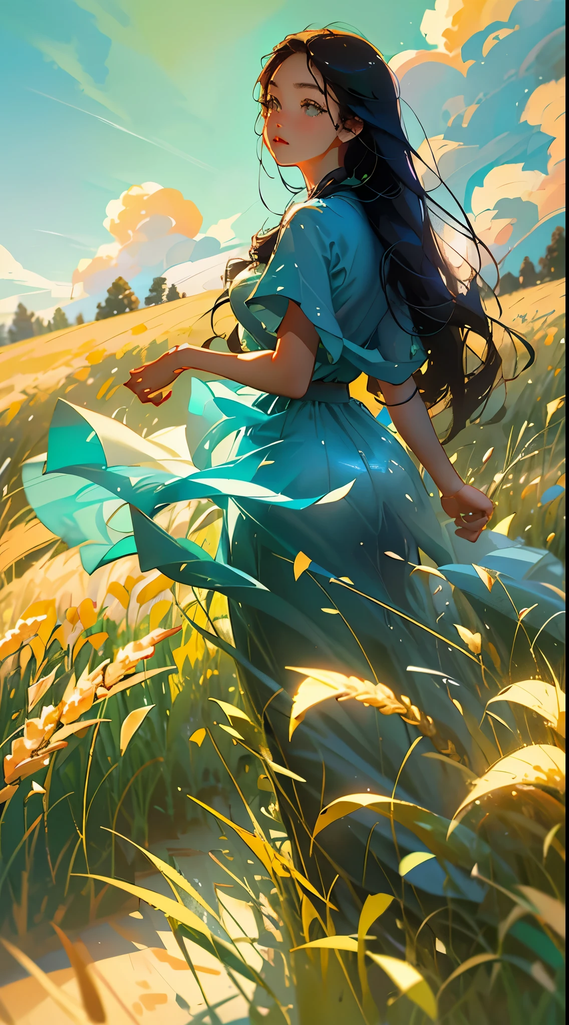 Wheat field, a beautiful girl standing in a wheat field, big clouds, blue sky, rice field, neat rice seedlings in the field, forest, hillside, secluded, countryside, HD detail, hyper-detail, cinematic, surrealism, soft light, deep field focus bokeh, ray tracing and surrealism. --v6